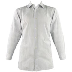 CHARVET Size L White Navy Green Stripe Cotton Curved Cutaway Long Sleeve Shirt