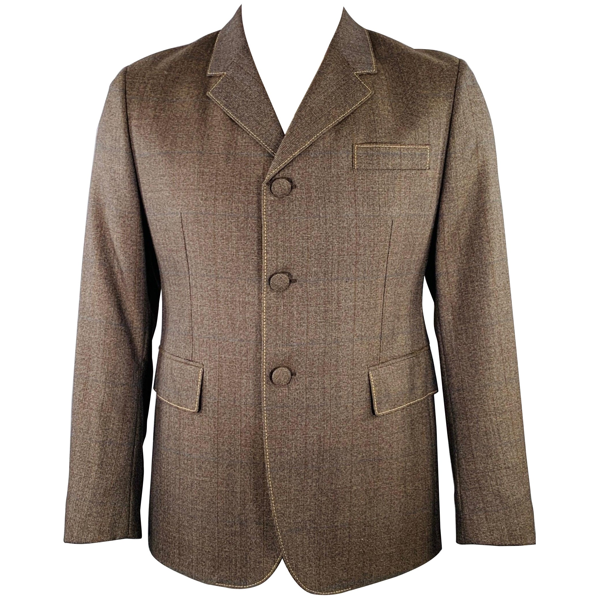 PRADA Size 42 Brown Mustard Window Pane Single Breasted Sport Coat For Sale