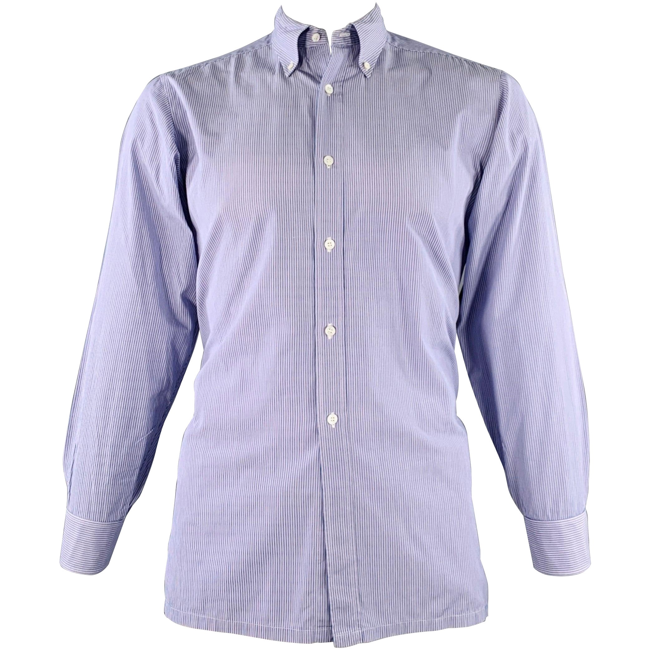 CHARVET Size M Blue Lilac Stripe Cotton Button Down Collar Long Sleeve Shirt For Sale