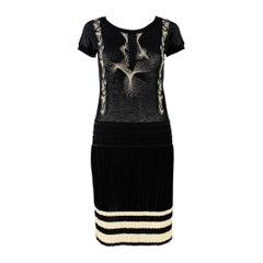JEAN PAUL GAULTIER Size S Black Cream Jersey Embroidered Cap Sleeves Dress