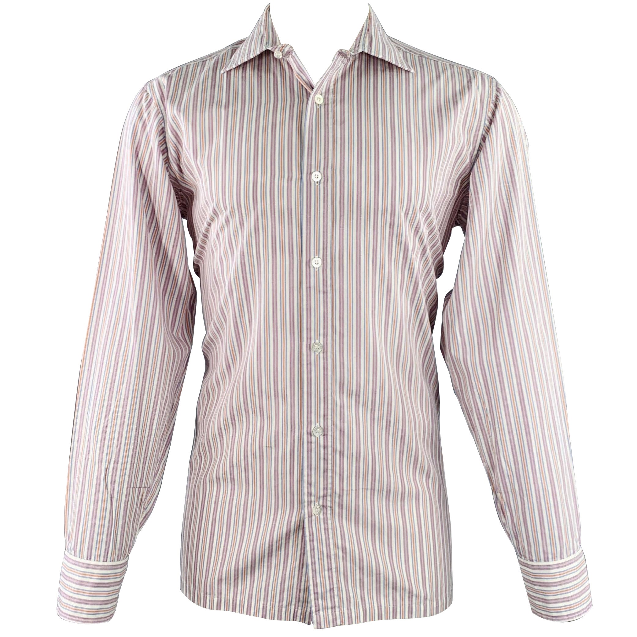CHARVET Size M/L White Multi Color Stripe Cotton Long Sleeve Shirt For Sale