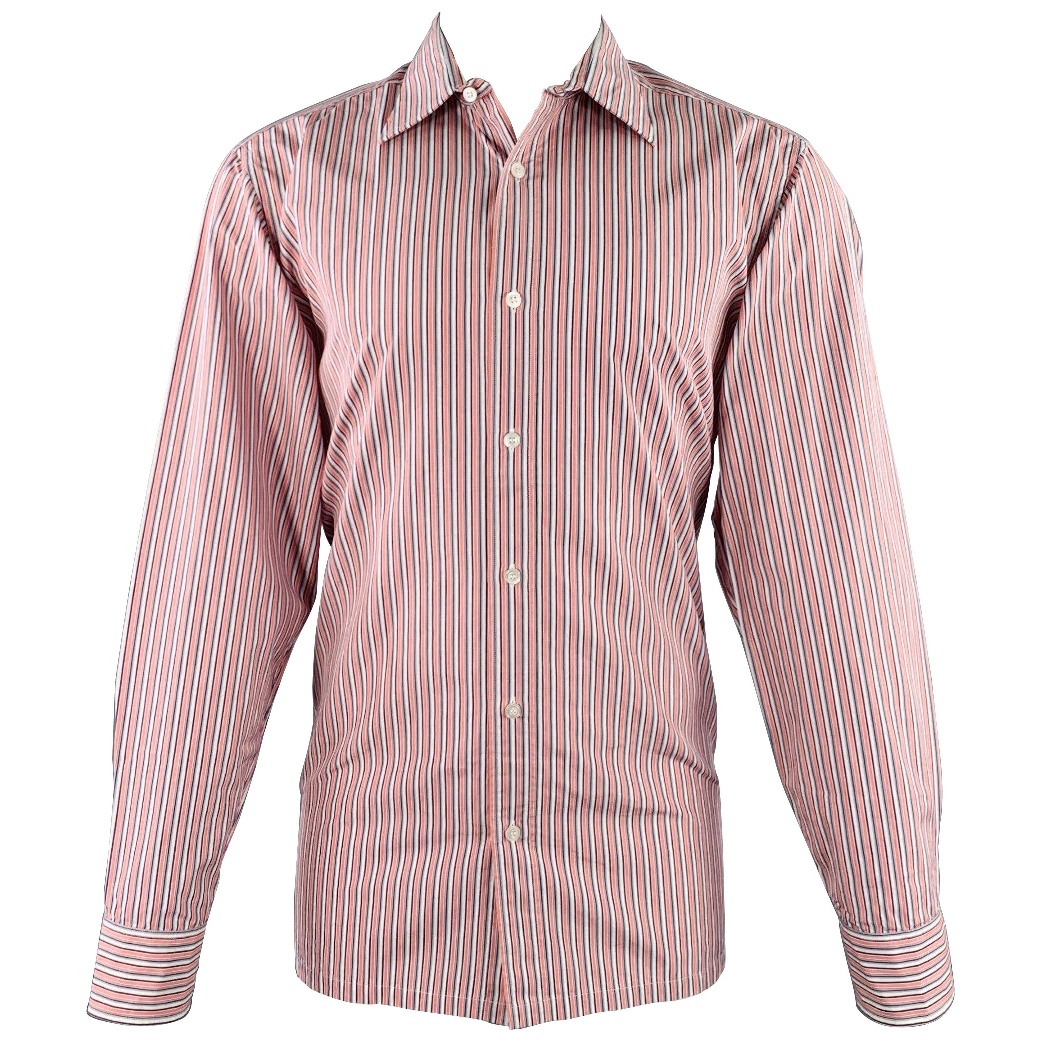 CHARVET Size M/L Red White Blue Stripe Cotton Curved Cutaway Long Sleeve Shirt For Sale