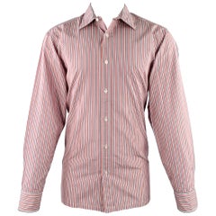 CHARVET Size M/L Red White Blue Stripe Cotton Curved Cutaway Long Sleeve Shirt