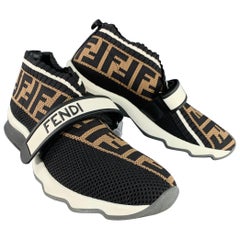 FENDI Talla 8 Rockoko Negro Marrón Jacquard Monograma Slip On Sneakers