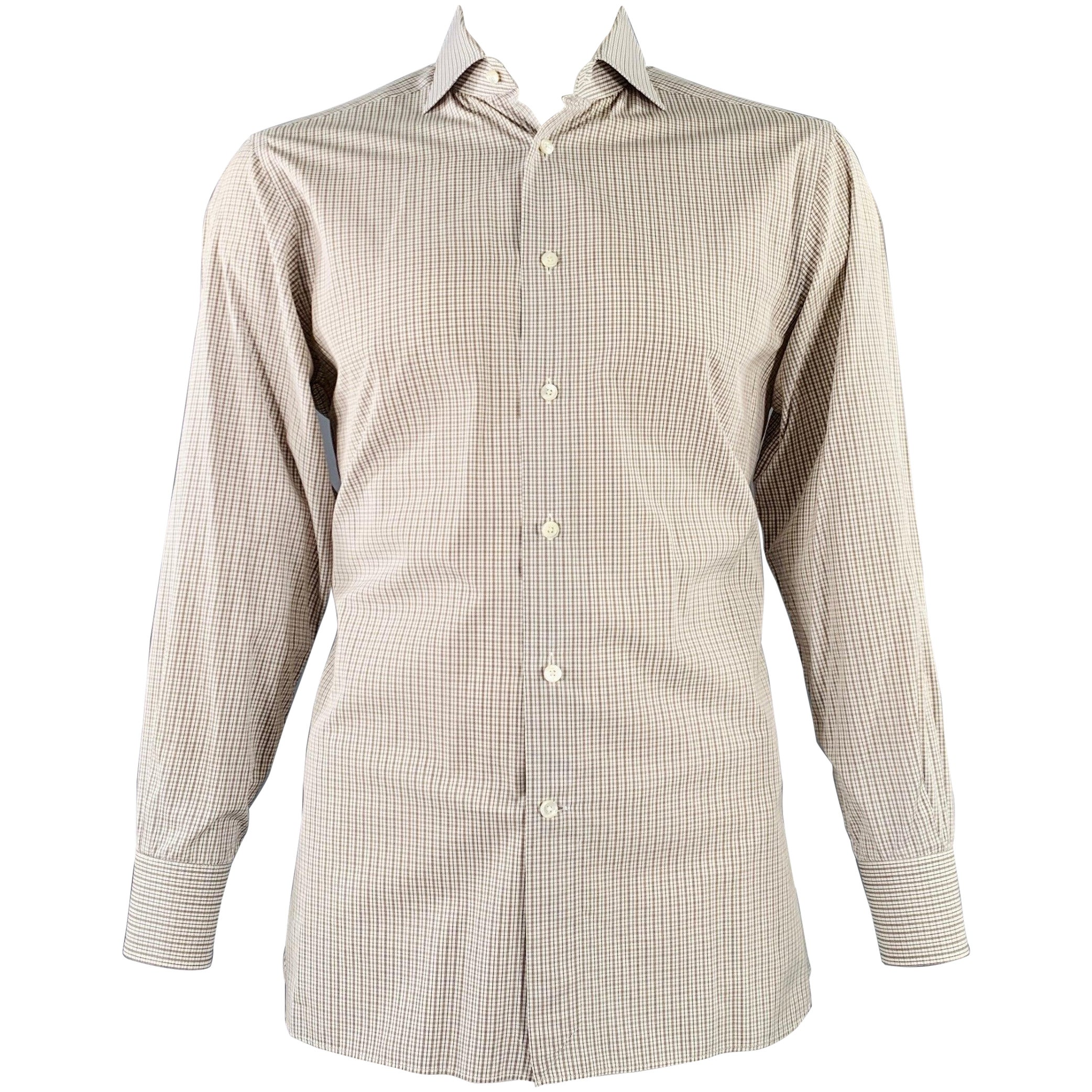 ERMENEGILDO ZEGNA Size L White Brown Checkered Cotton Slim Fit Long Sleeve Shirt For Sale