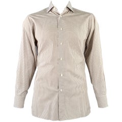 Ermenegildo Zegna Taglia L Camicia a maniche lunghe in cotone slim a scacchi bianco marrone