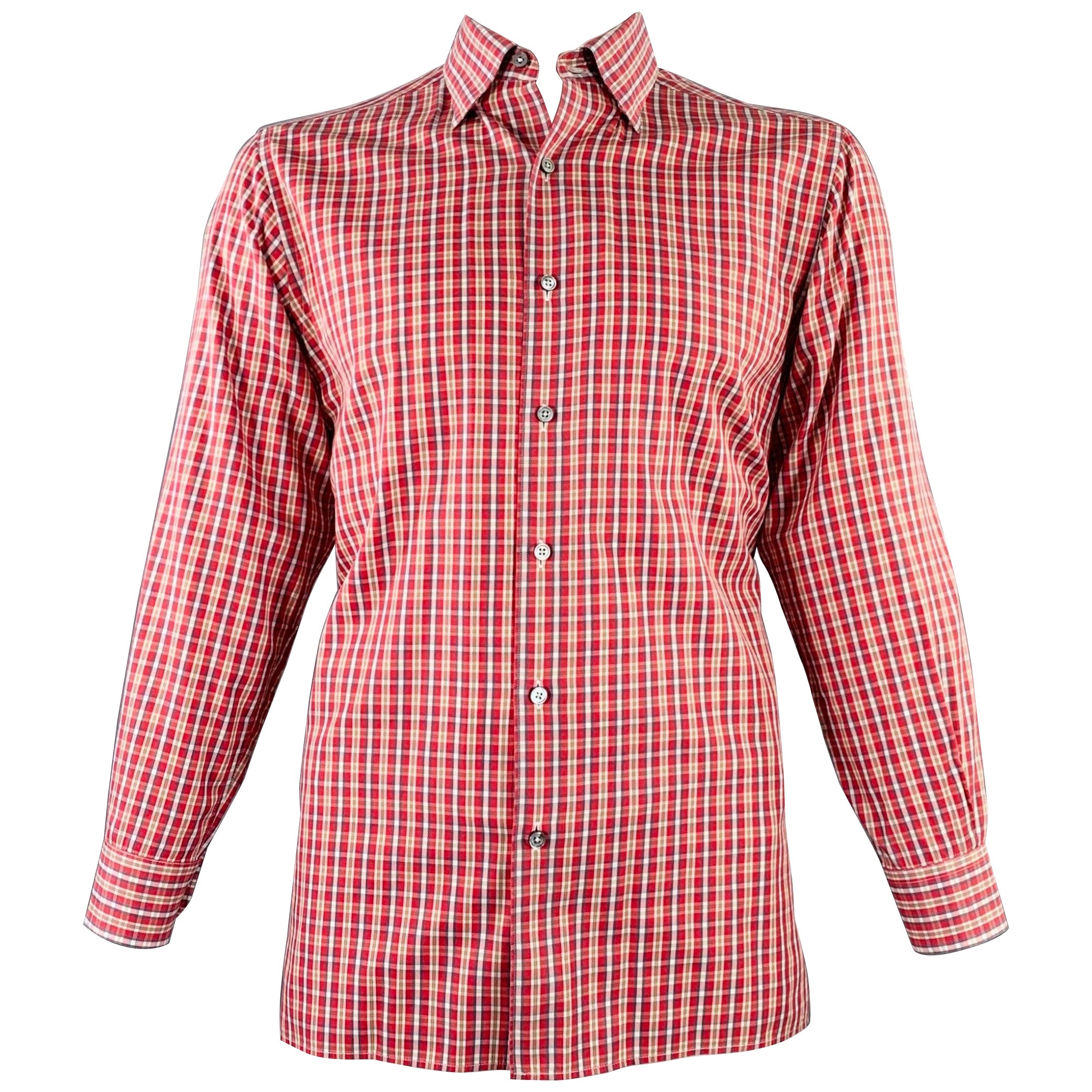 ERMENEGILDO ZEGNA Size L Red Brown Plaid Cotton Curved Cutaway Long Sleeve Shirt For Sale