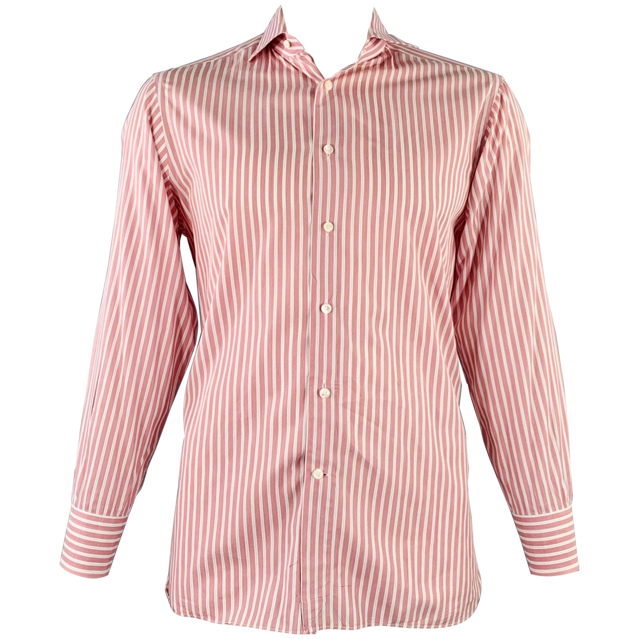 ERMENEGILDO ZEGNA Size L Pink White Stripe Cotton Slim Fit Long Sleeve Shirt For Sale