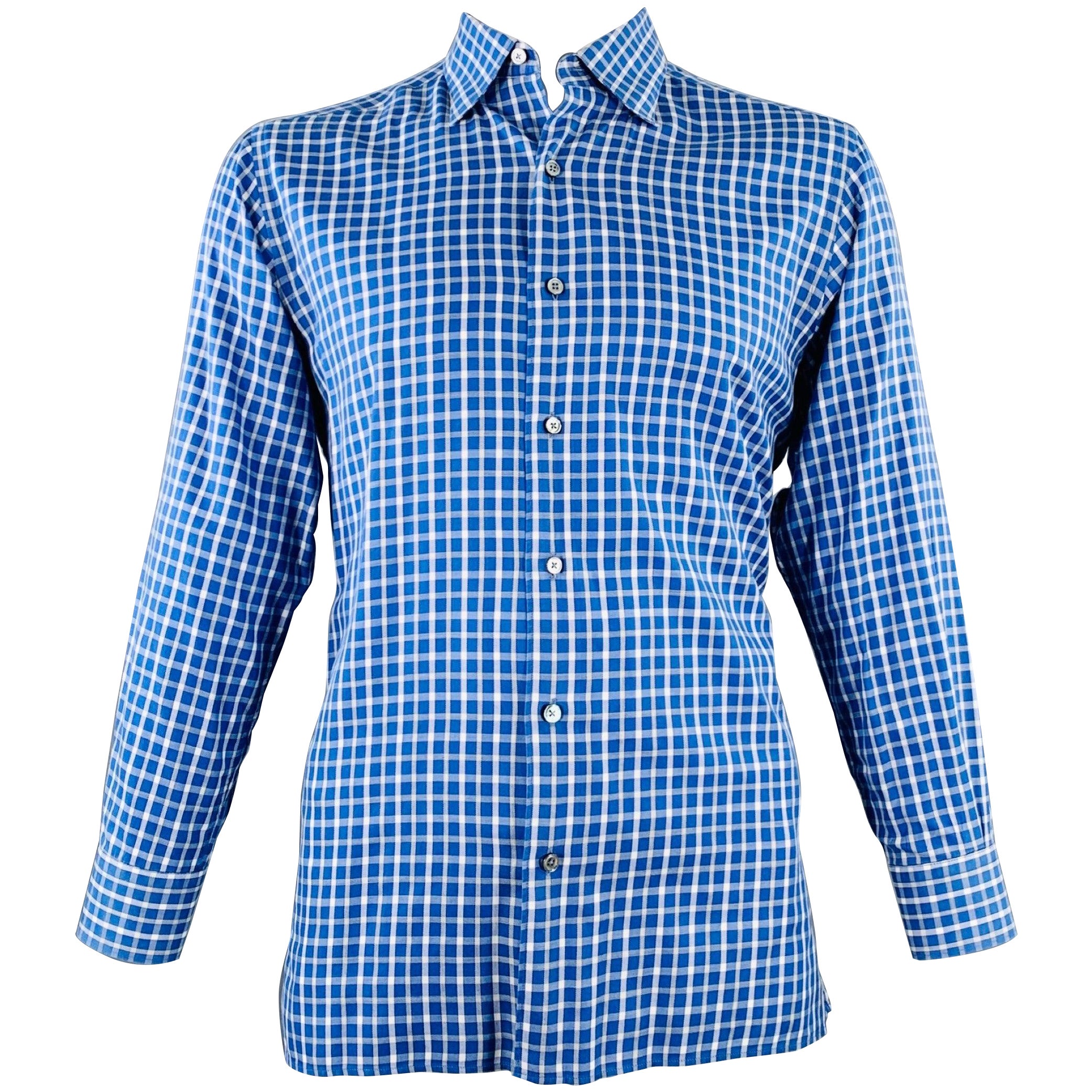 Ermenegildo Zegna Taglia L Camicia a maniche lunghe in cotone a quadretti blu e bianchi