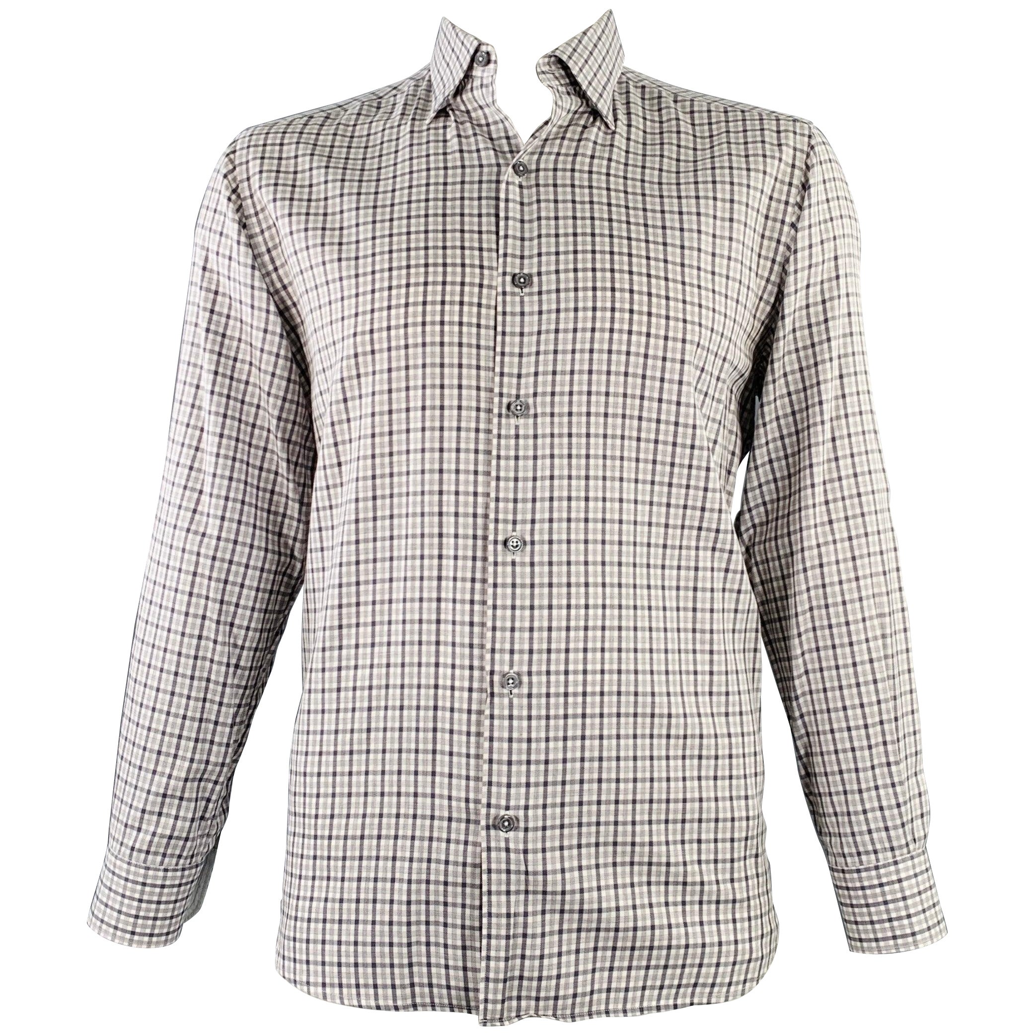 ERMENEGILDO ZEGNA Size L White Grey Checkered Cotton Long Sleeve Shirt For Sale