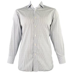 ERMENEGILDO ZEGNA Size L White Blue Brown Stripe Cotton Long Sleeve Shirt