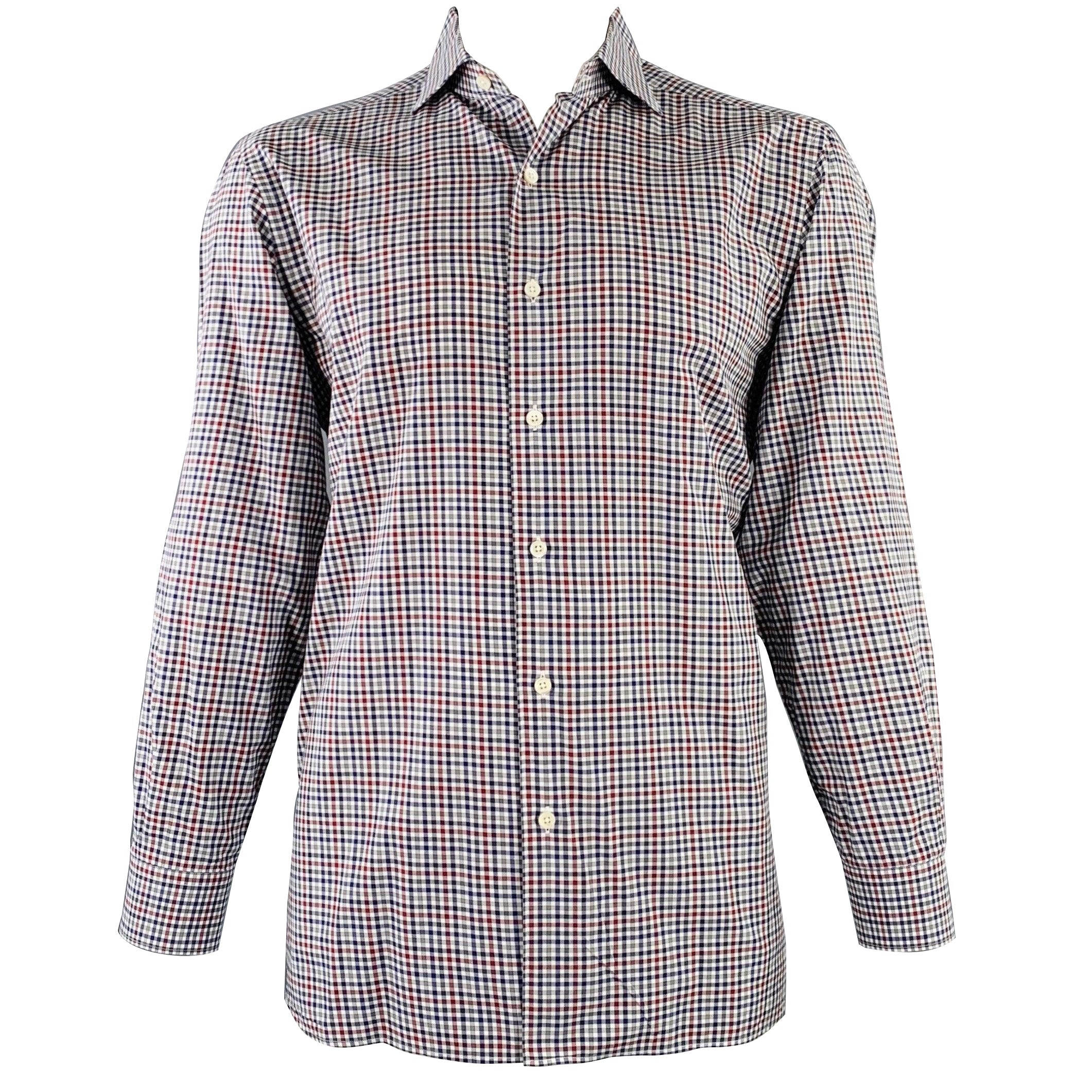 ERMENEGILDO ZEGNA Size XL Navy Red Checkered Cotton Long Sleeve Shirt For Sale