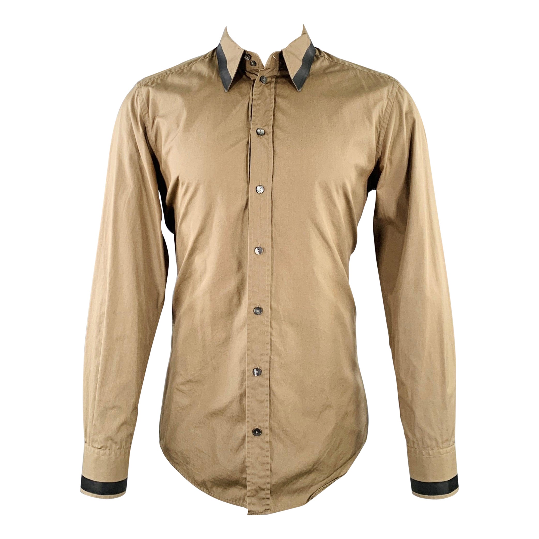 DOLCE & GABBANA Size M Tan Black Cotton Contrast Trim Long Sleeve Shirt For Sale