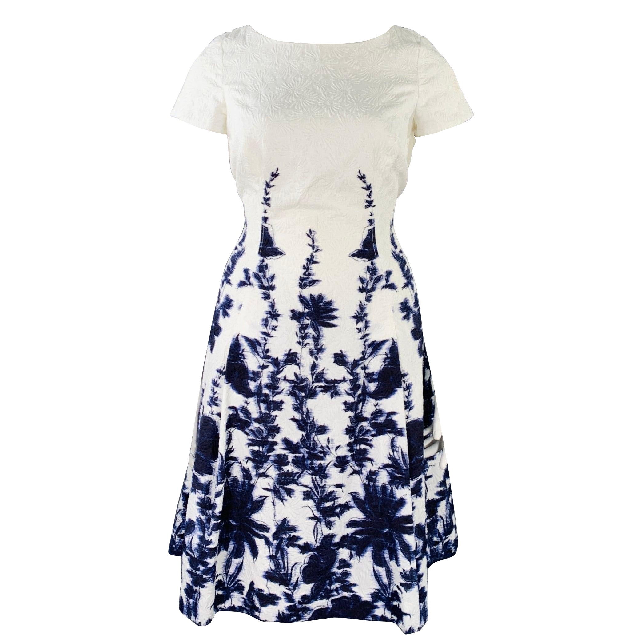 CAROLINA HERRERA Size 12 White Indigo Cotton Blend Abstract Floral Dress