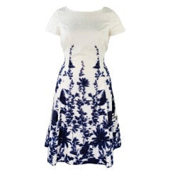 CAROLINA HERRERA Talla 12 Vestido floral abstracto de mezcla de algodón índigo blanco