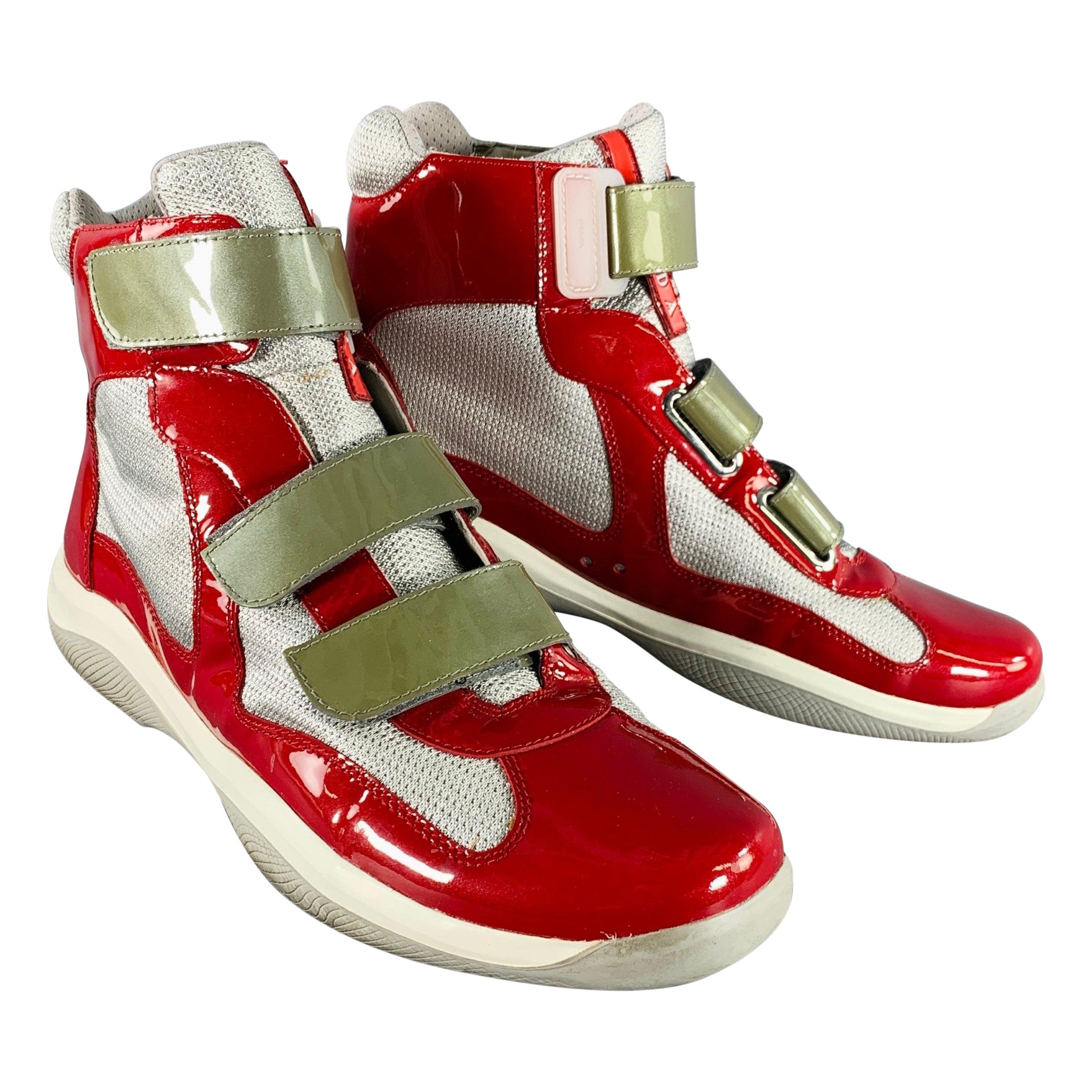 PRADA Size 11 America's Cup Red Silver  Mesh High Top Sneakers