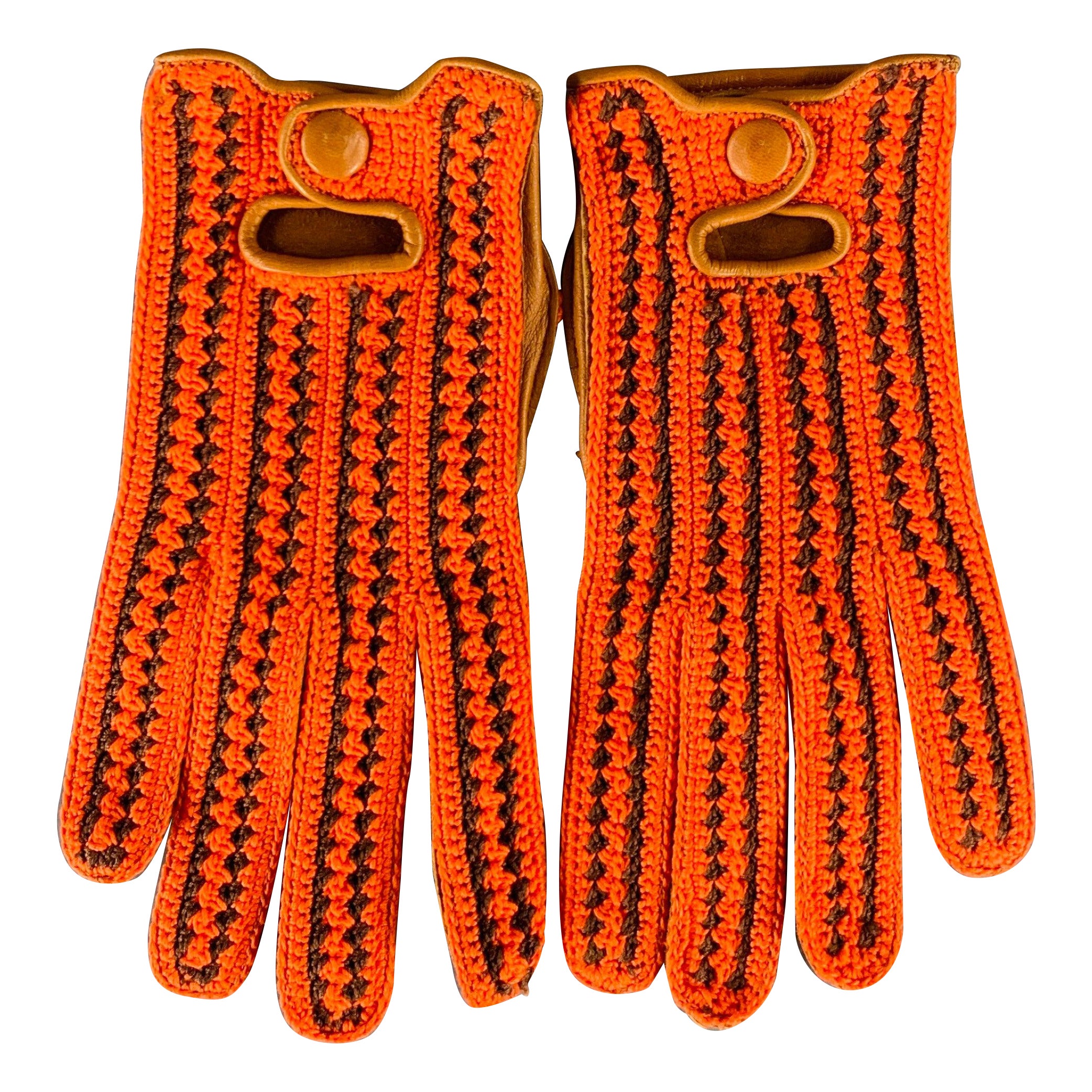 PRADA Taille 7 Gants en cuir crocheté rouge et Brown
