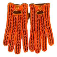 PRADA Size 7 Red Brown Crochet Leather Gloves