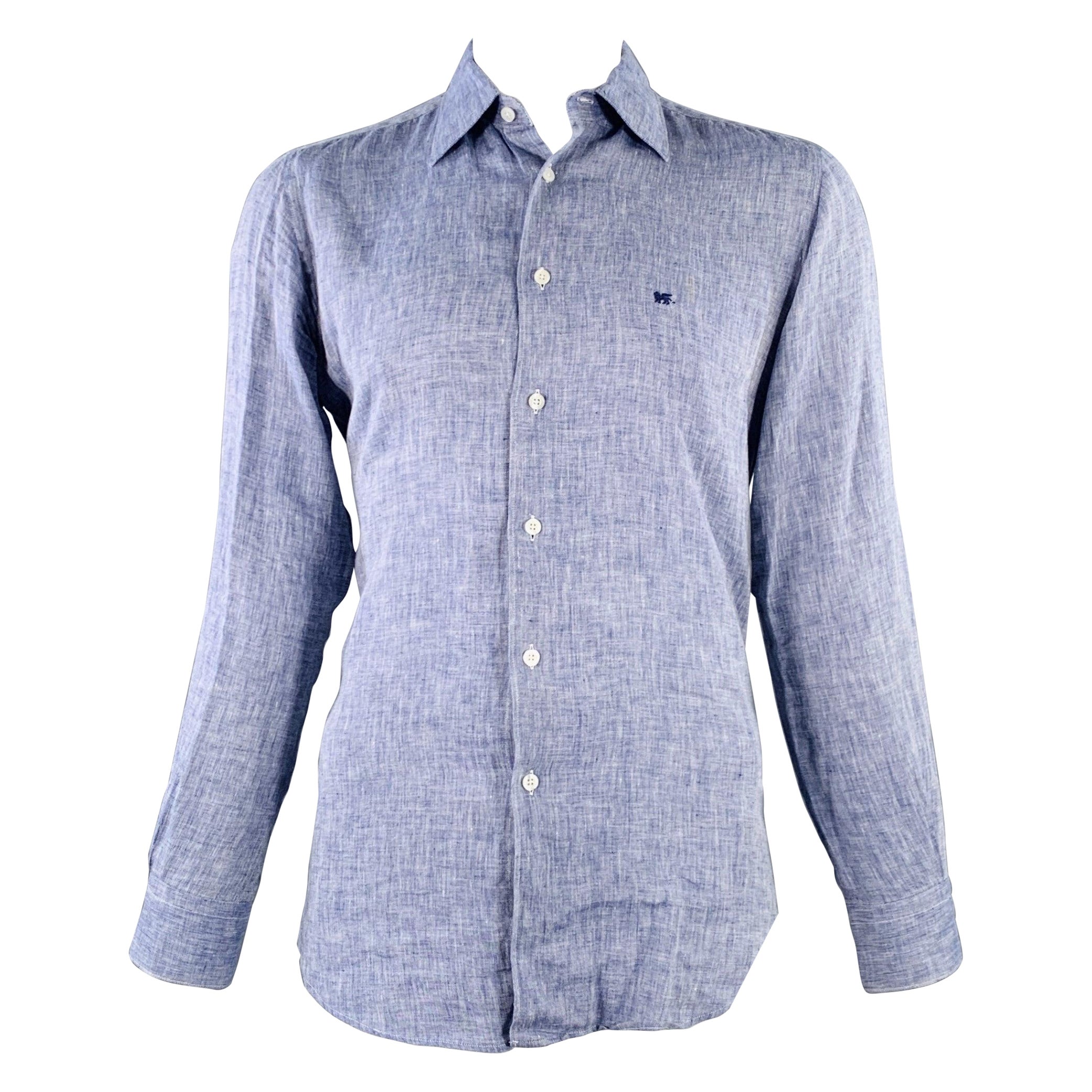 PAL ZILERI Size L Navy White Linen Long Sleeve Shirt For Sale