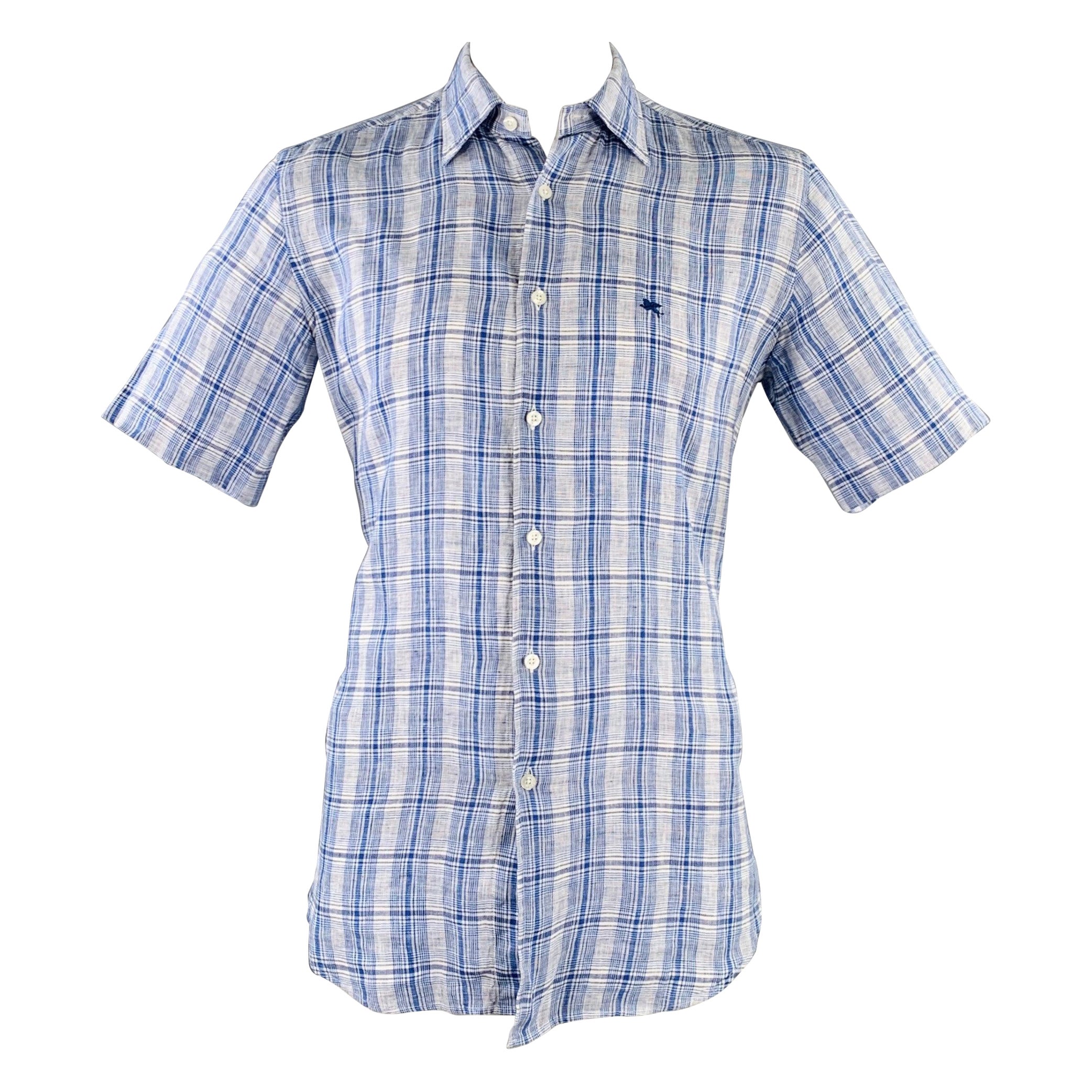 PAL ZILERI Size L Blue White Plaid Linen Short Sleeve Shirt For Sale