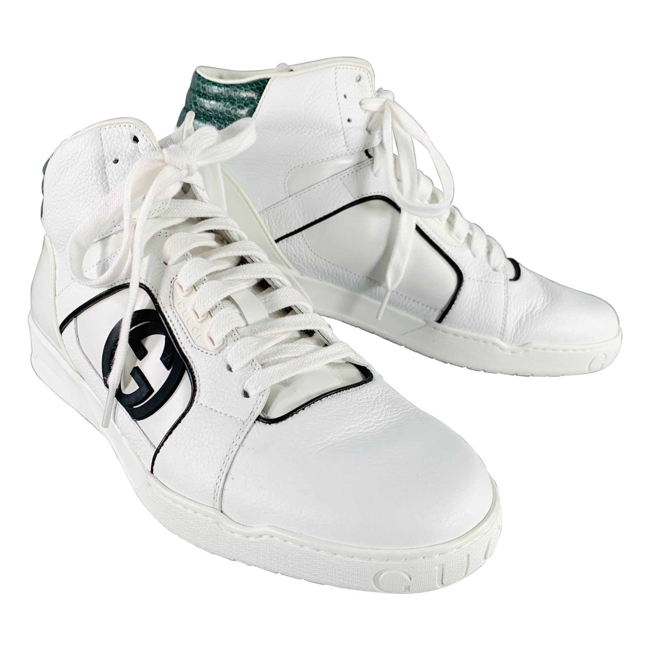 GUCCI Size 10 Blanco Verde Negro Color Block Leather High Top Sneakers