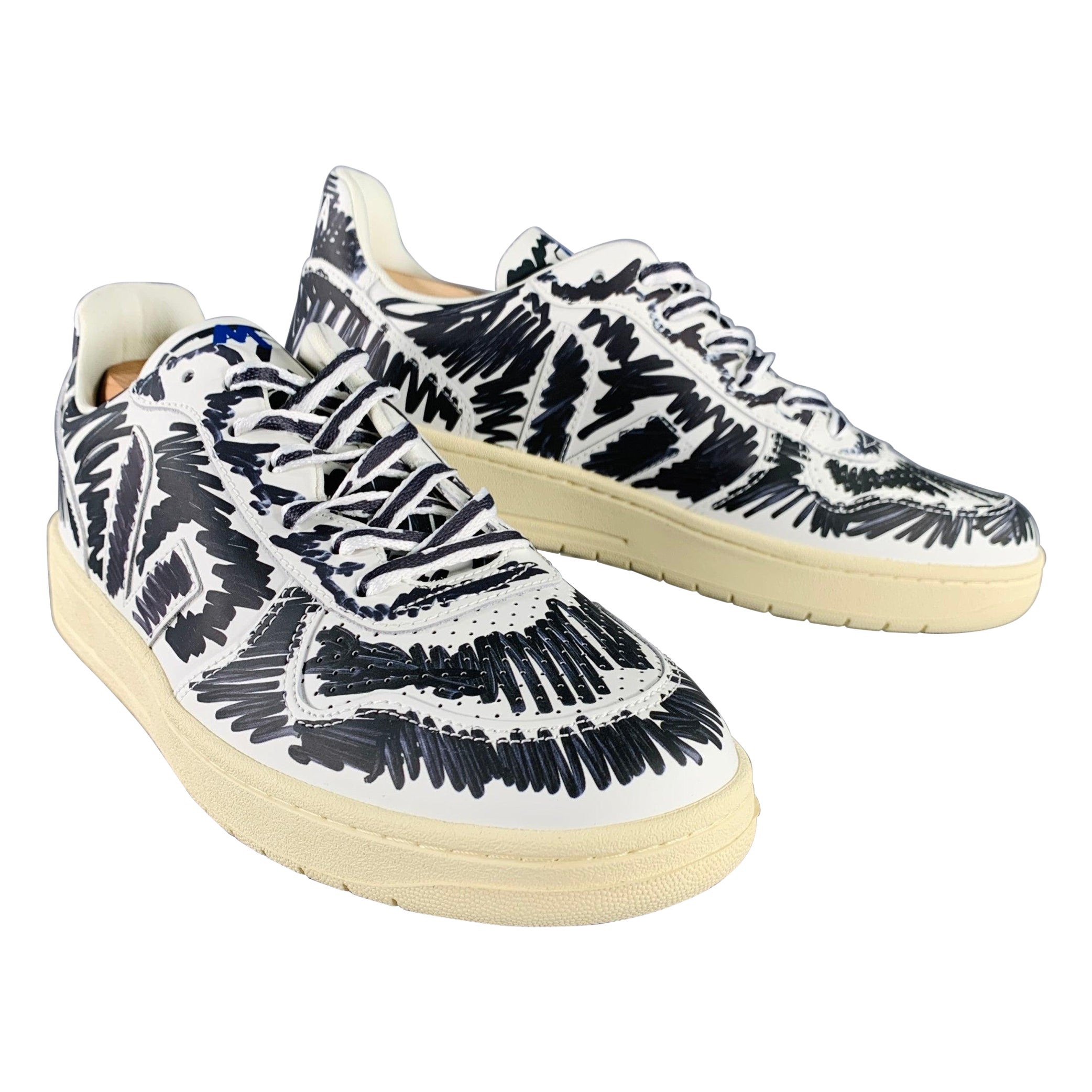 MARNI Size 10.5 White Black Scribble Leather Low Top Sneakers