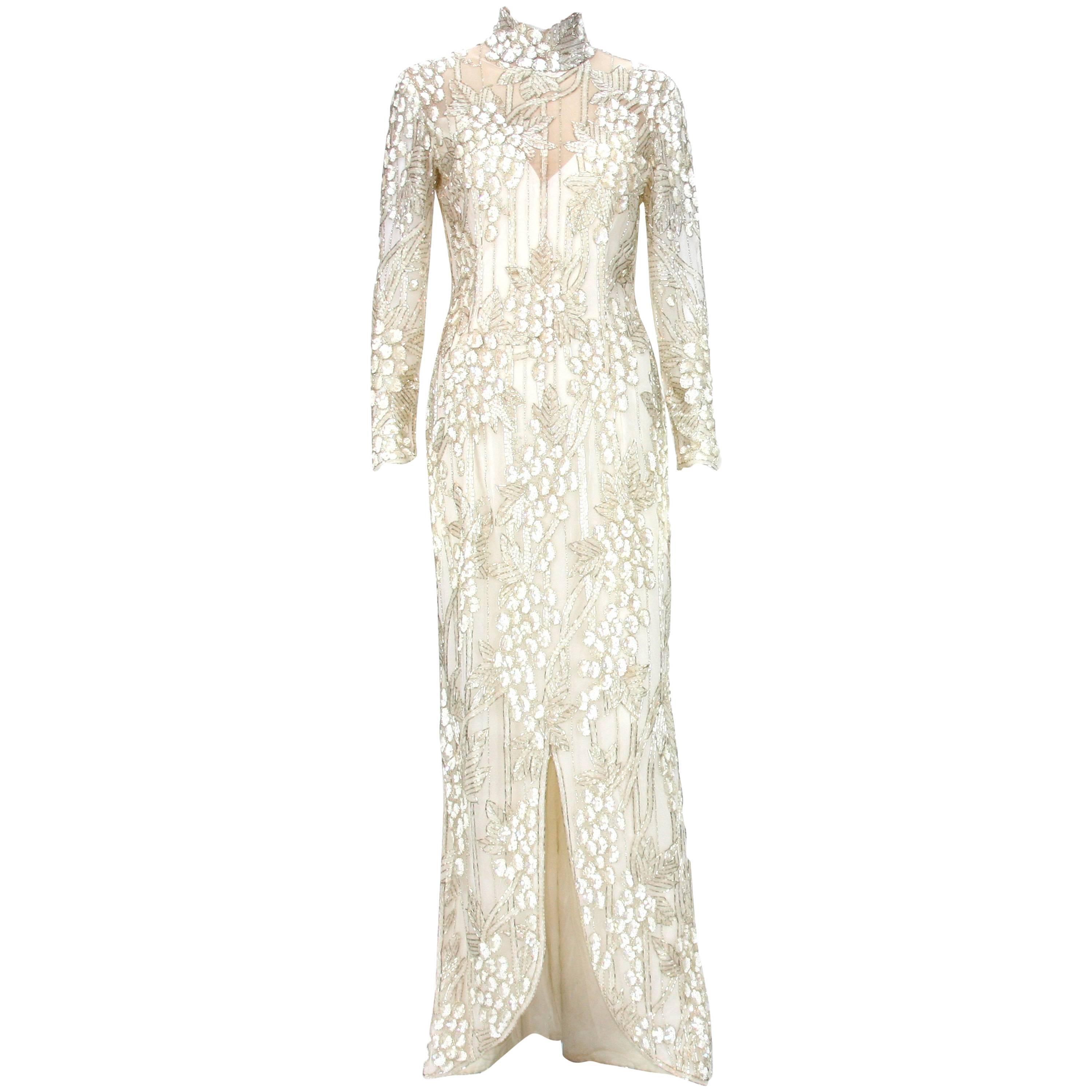 Iconic 1989 Bob Mackie White Embroidered Beaded Grapevine Design Gown For Sale