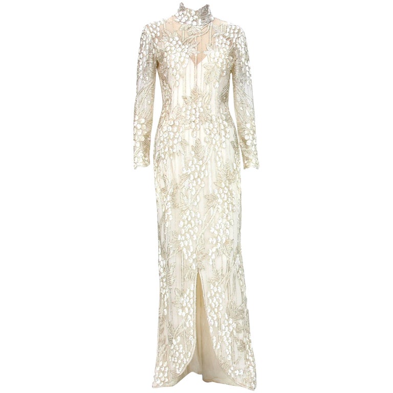 Iconic 1989 Bob Mackie White Embroidered Beaded Grapevine Design Gown For  Sale at 1stDibs
