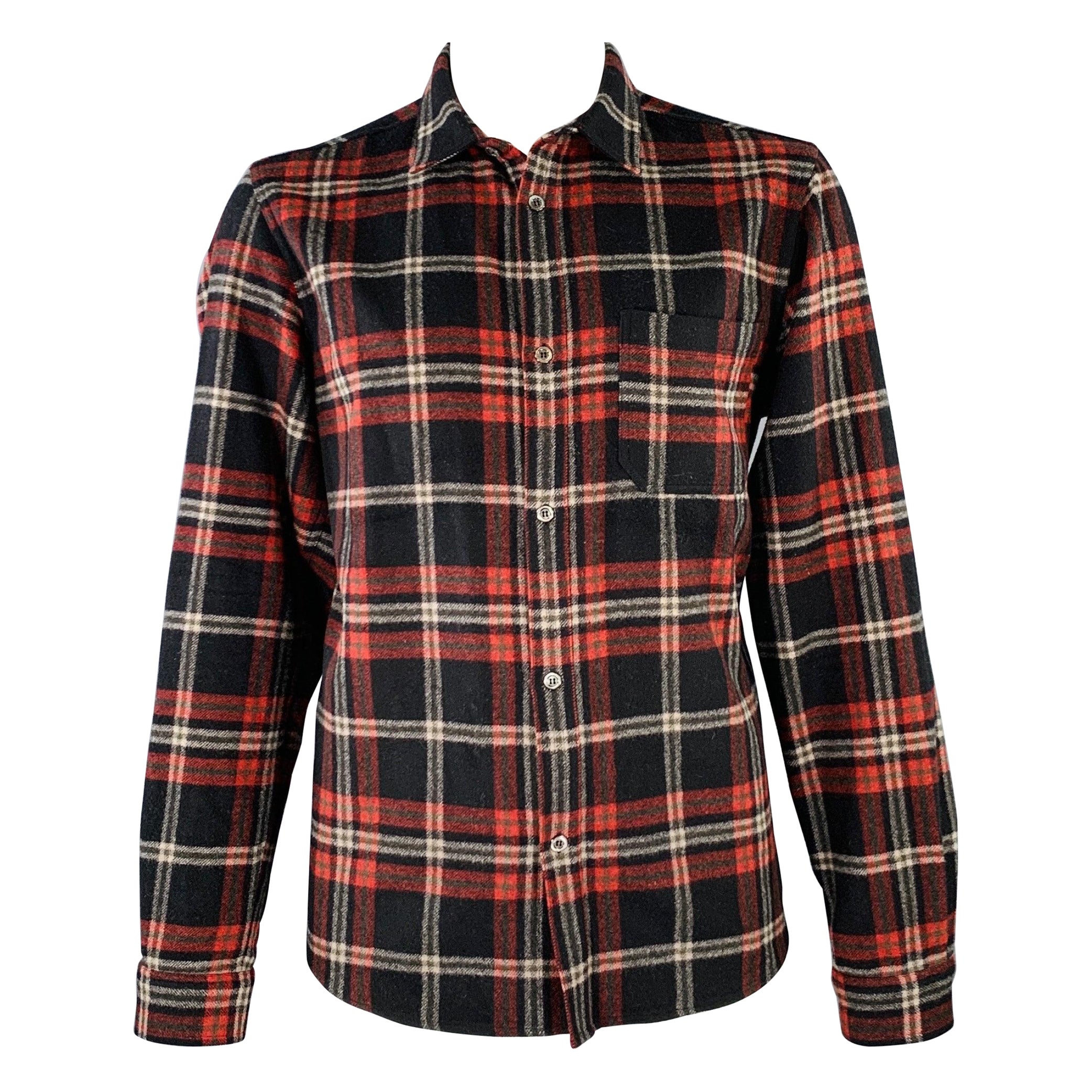 A.P.C. Size XXL Black Red Plaid Wool Blend One Pocket Long Sleeve Shirt For Sale