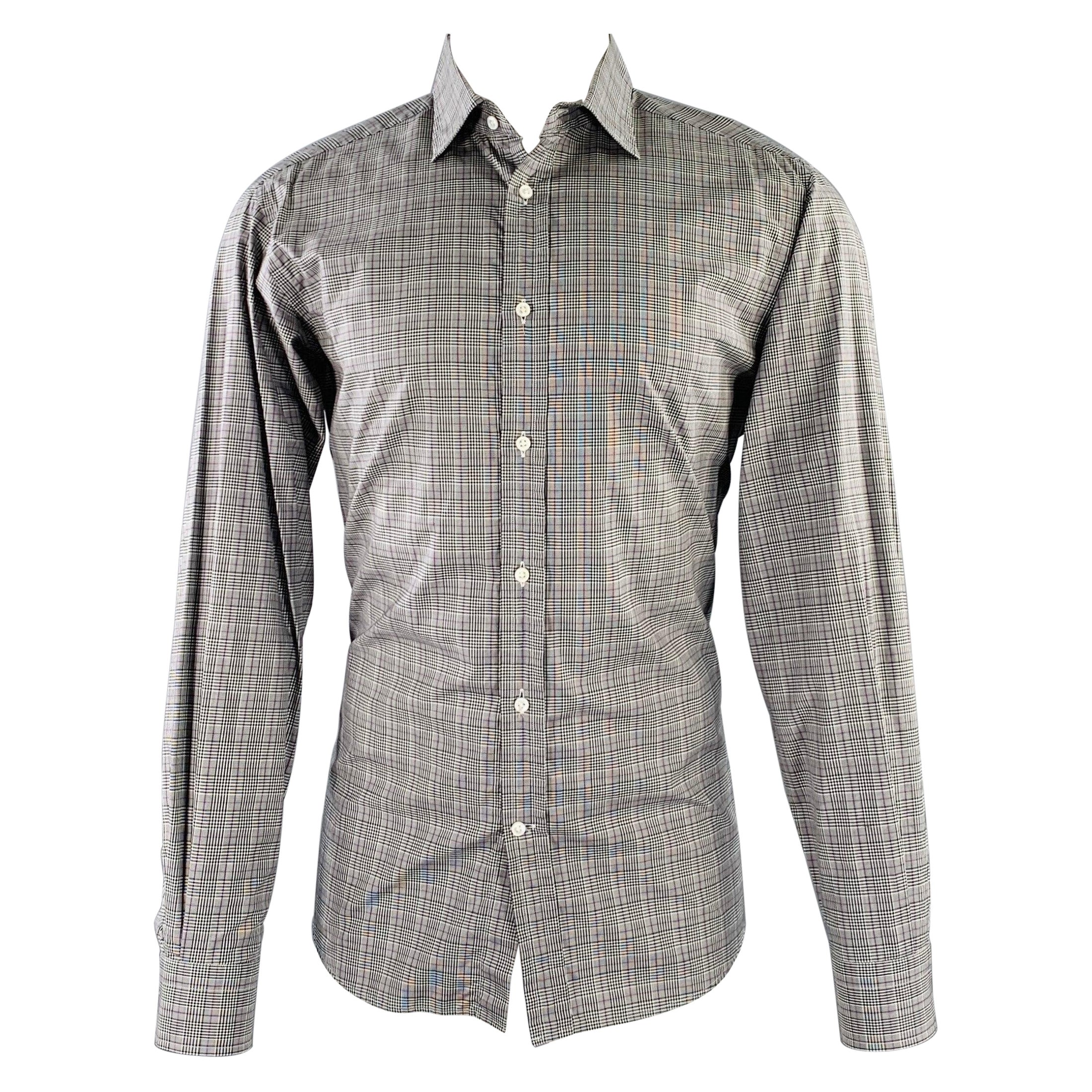 RALPH LAUREN Talla M Camisa de Manga Larga de Algodón con Cuello Extensible Gris Violeta a Cuadros