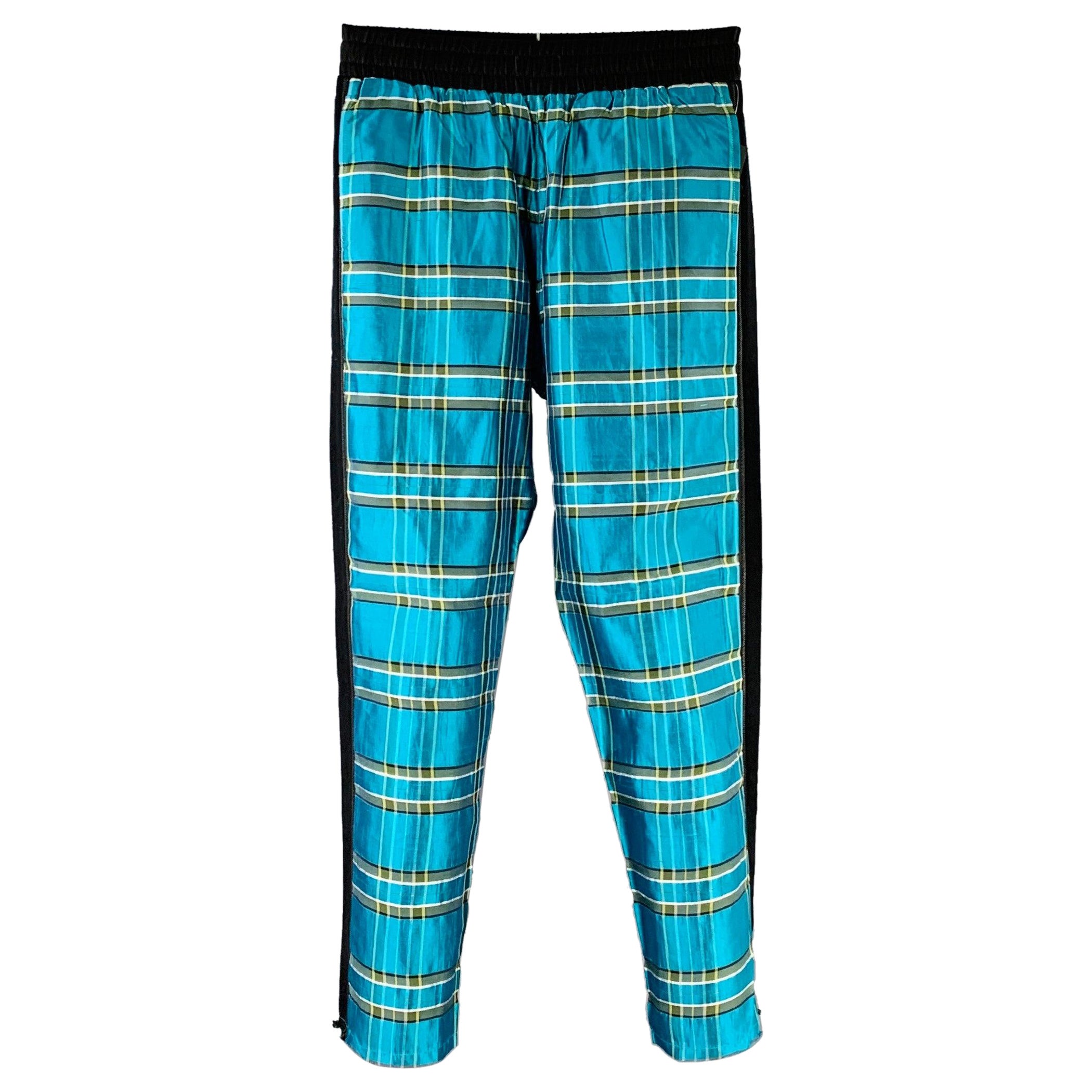 Amiri taglia S Pantaloni casual a quadri in seta nera turchese