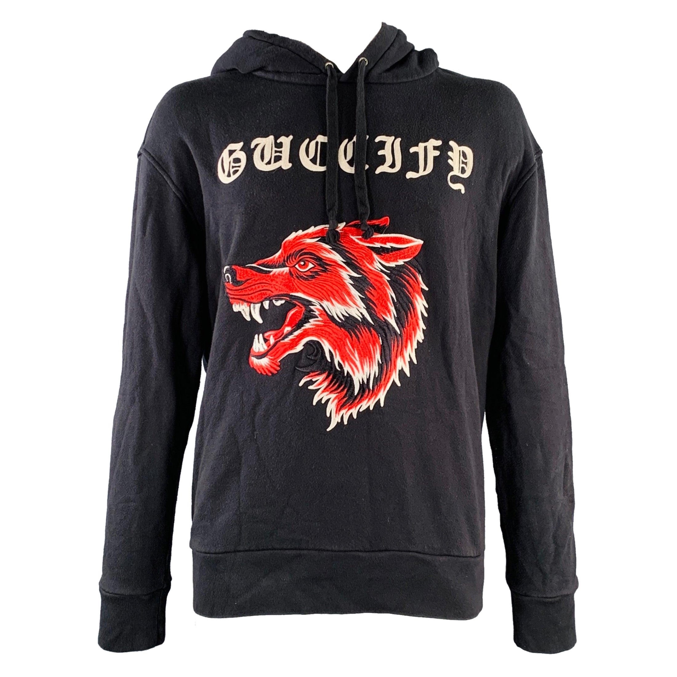 GUCCI Size XL Guccify Wolf Black Red White Applique Cotton Hooded Sweatshirt For Sale