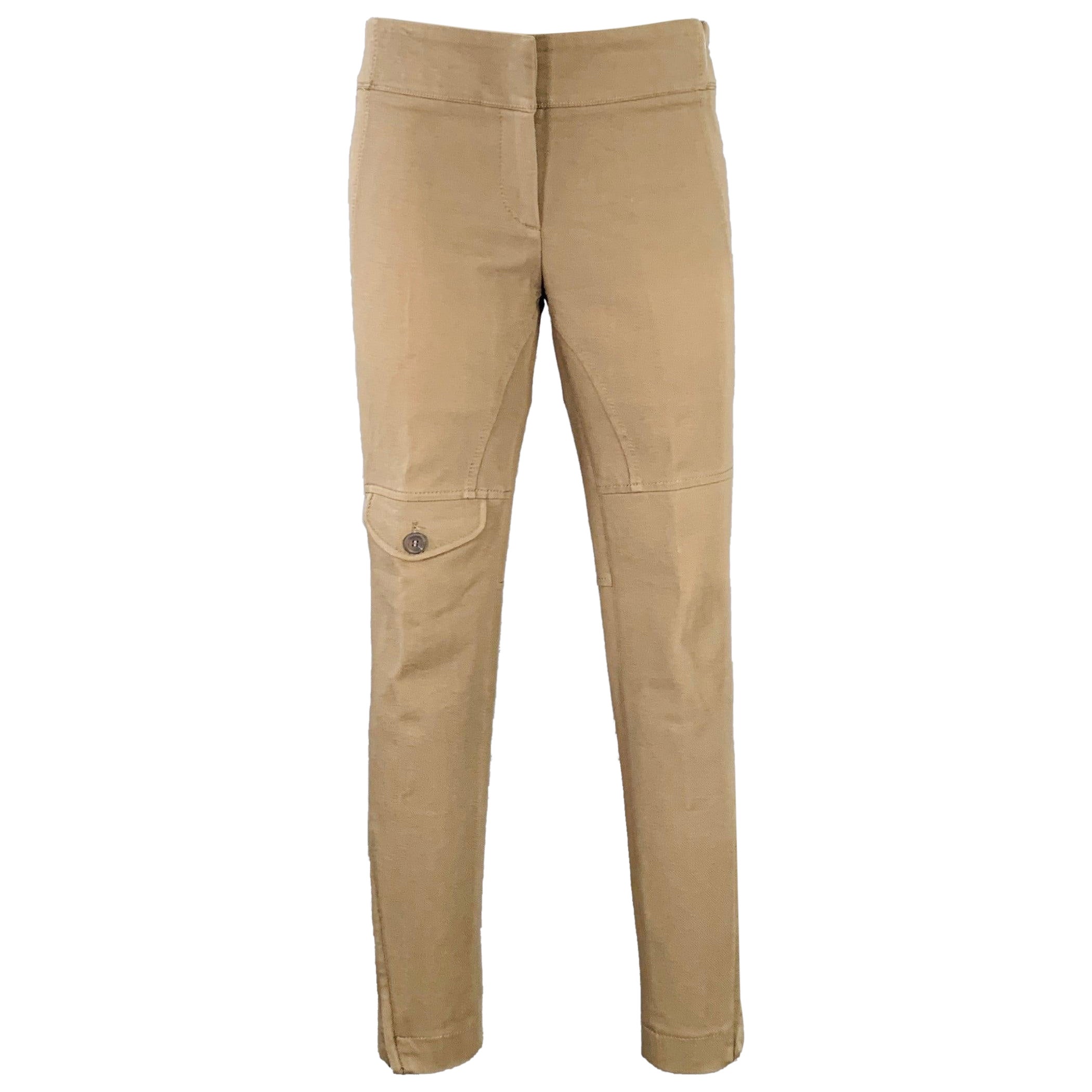 BRUNELLO CUCINELLI Pantalones casuales de sarga de algodón marrón de la talla 4 con parte delantera plana