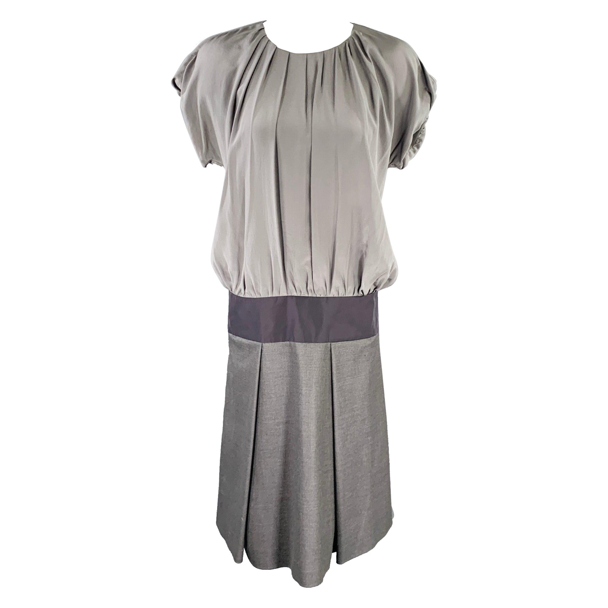 SPORTMAX Talla XS Gris Negro Seda Lana Virgen Mezcla Dos Tonos Vestido Plisado en venta
