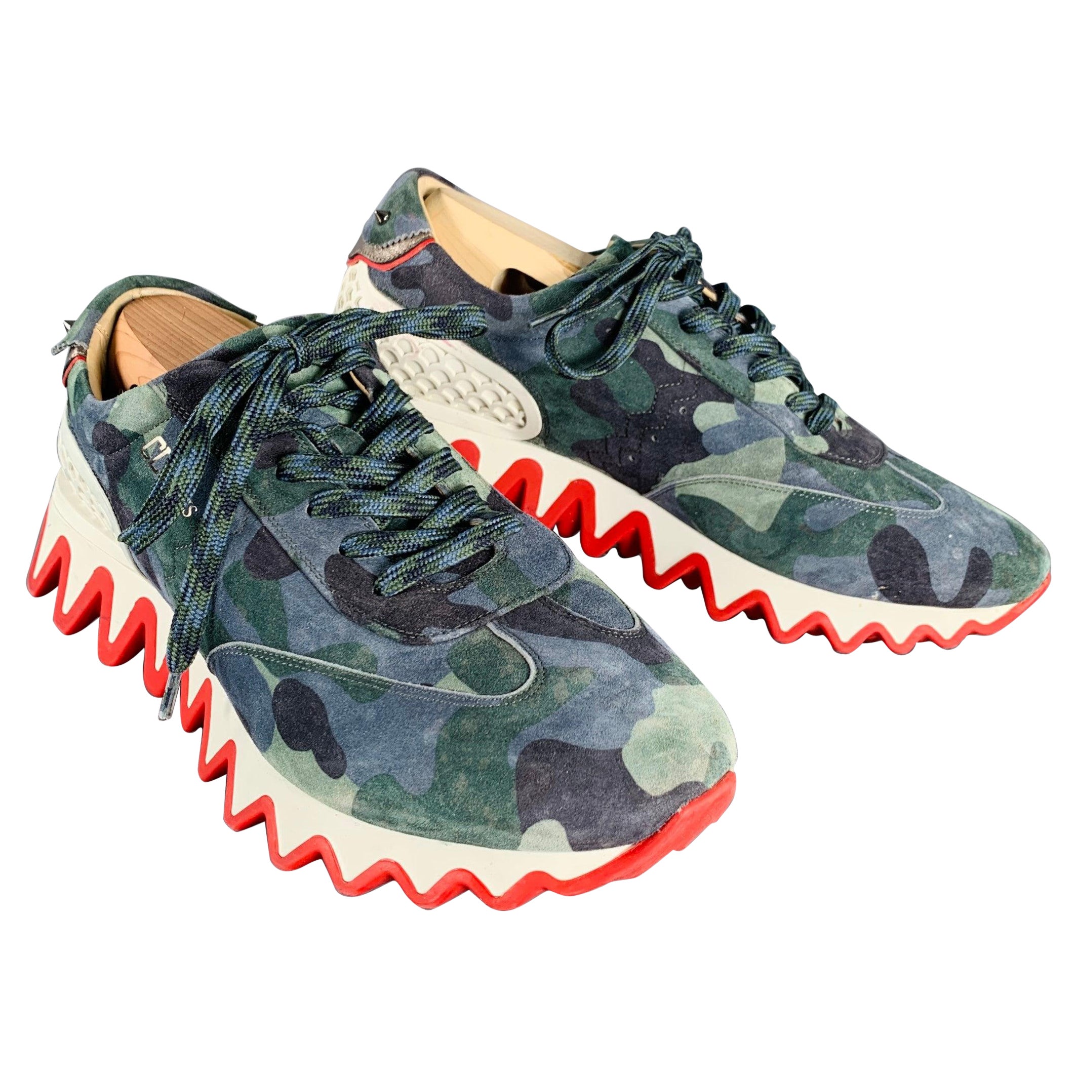 CHRISTIAN LOUBOUTIN Talla 12 Verde Azul Camuflaje Ante Suela Roja Sneakers