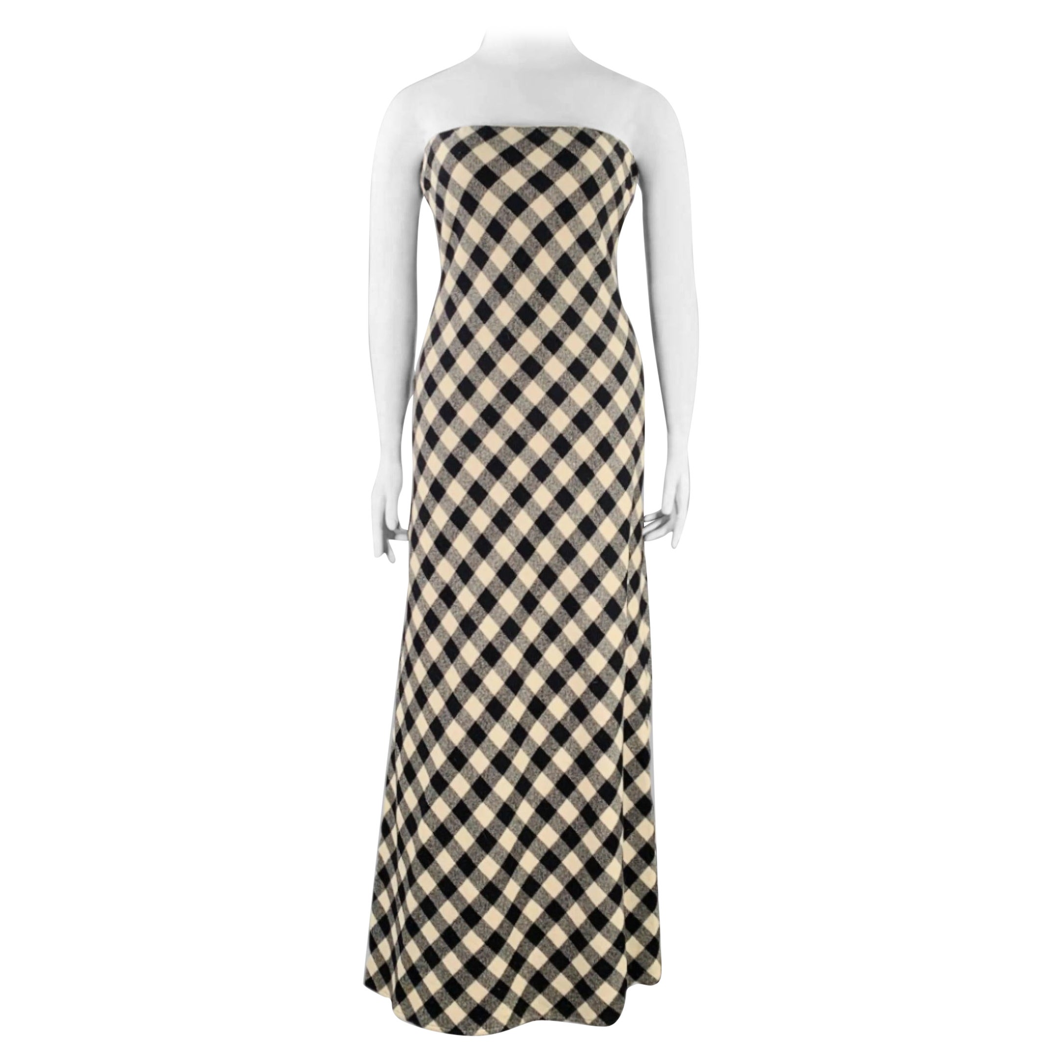 RALPH LAUREN Talla 10 Negro Crema Lana Búfalo Cuadros Maxi Vestido Sin Tirantes en venta