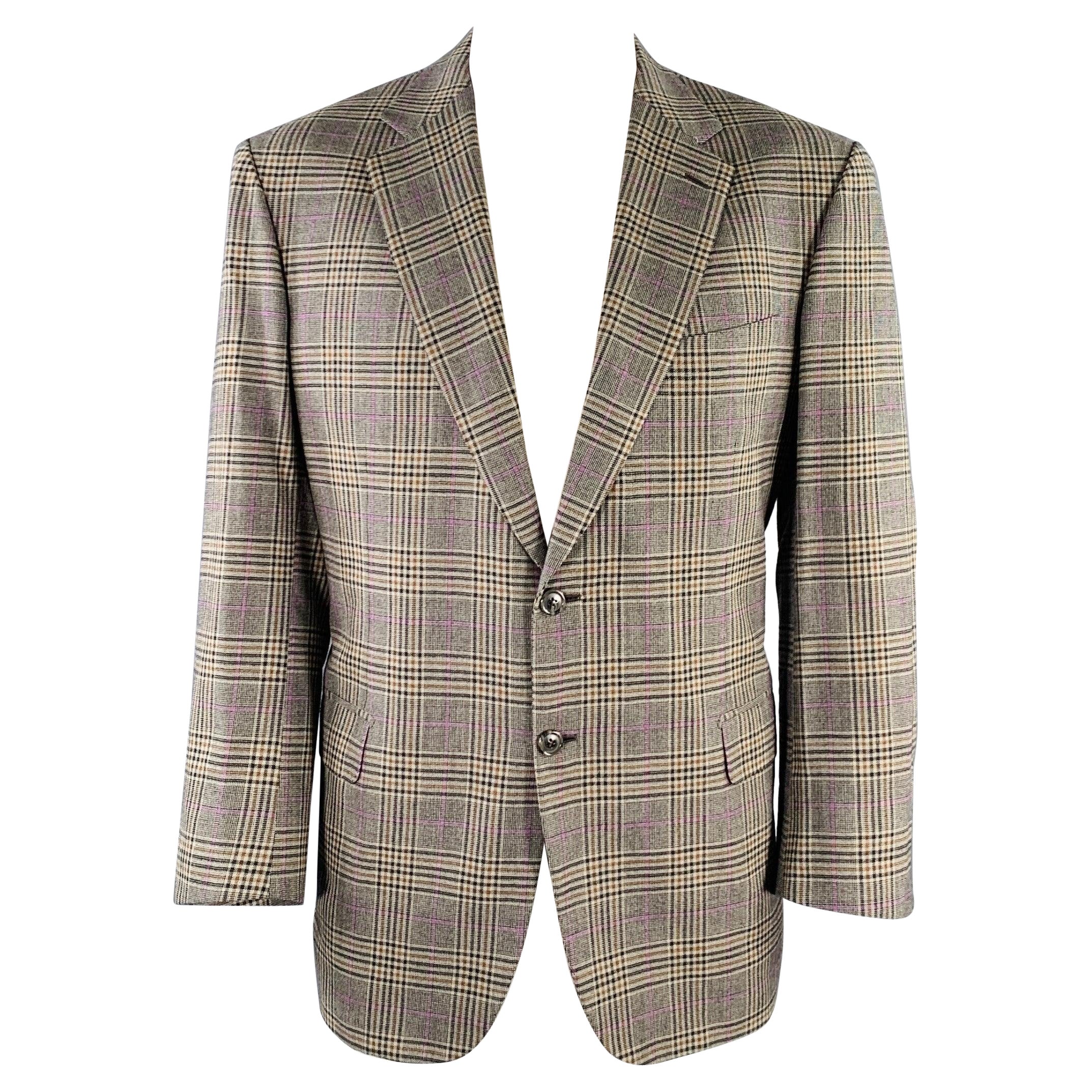 NEIMAN MARCUS Size 46 Regular Grey Brown Purple Plaid Wool Sport Coat For Sale