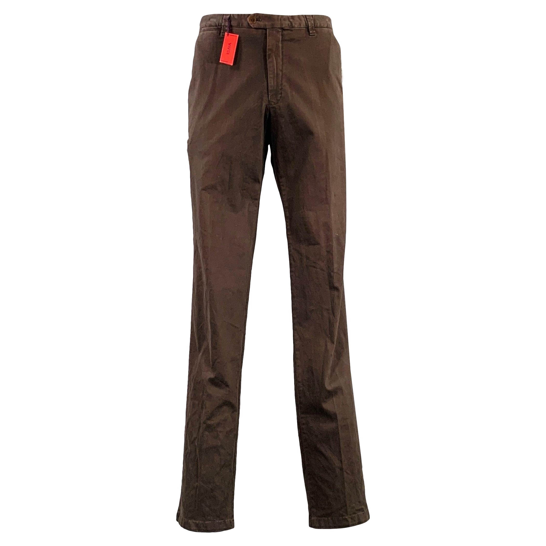 ISAIA Size 38 Brown Twill Cotton Blend Flat Front Casual Pants For Sale