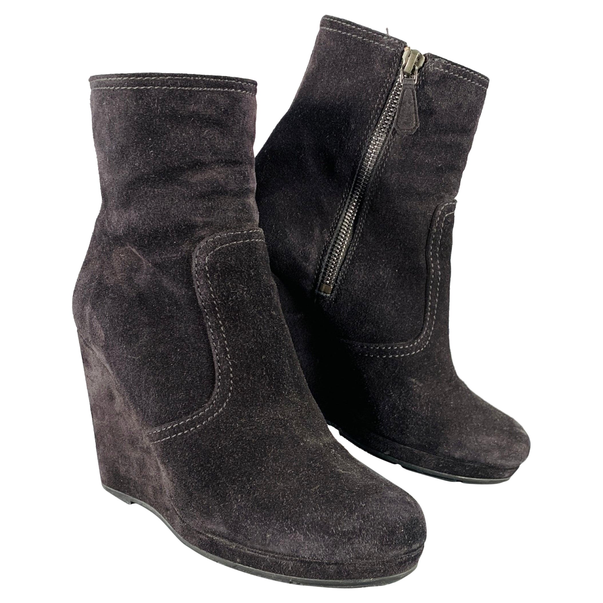 PRADA Size 7.5 Black Suede Wedge Ankle Boots For Sale