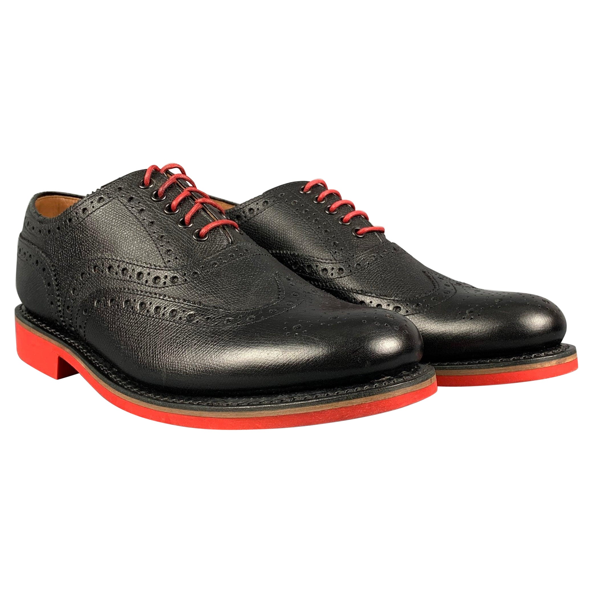 GRENSON Size 8.5 Black Red Perforated Leather Wingtip Lace-Up Shoes For Sale