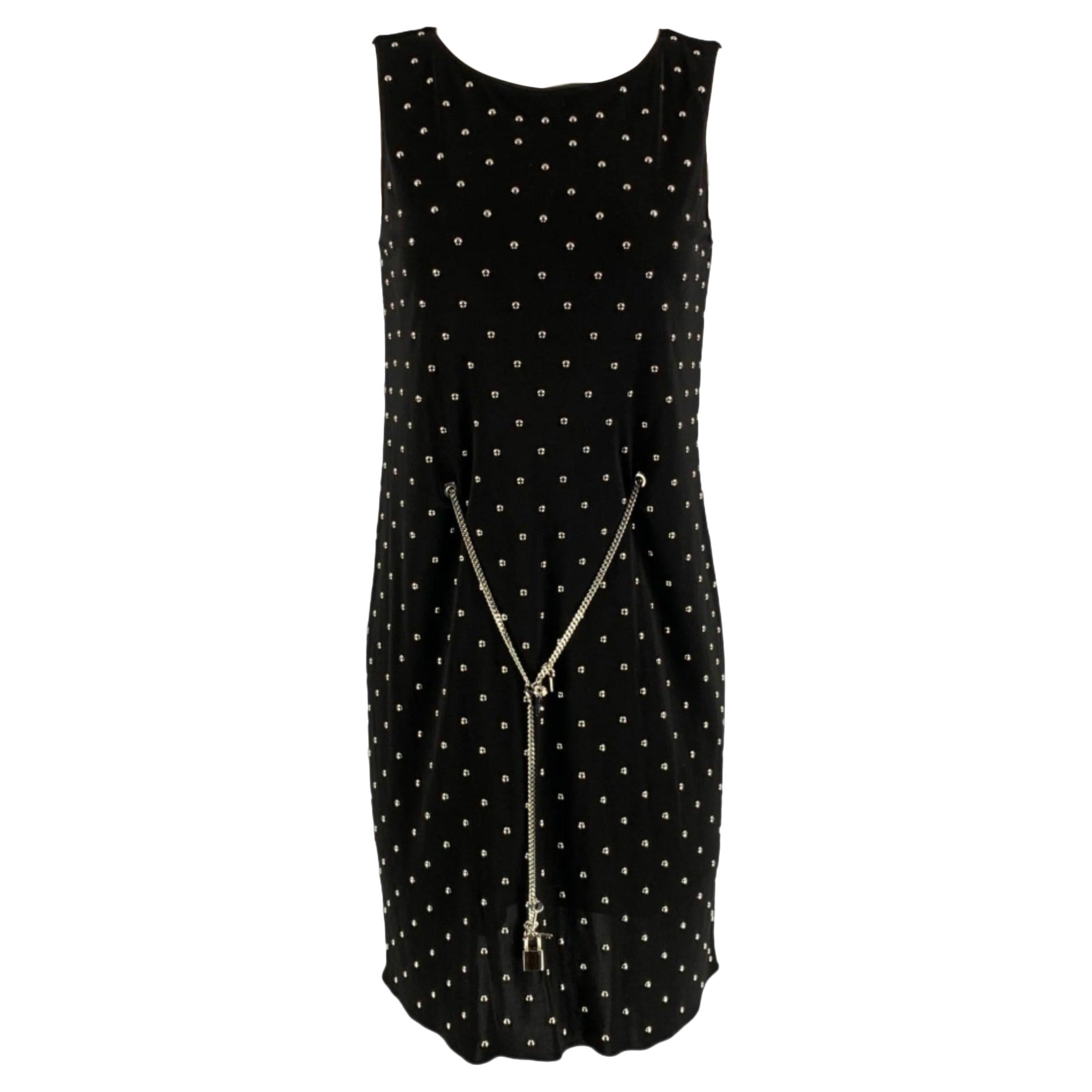 MOSCHINO Size 6 Black Silver Polyester Studded Lock Key Shift Dress For Sale