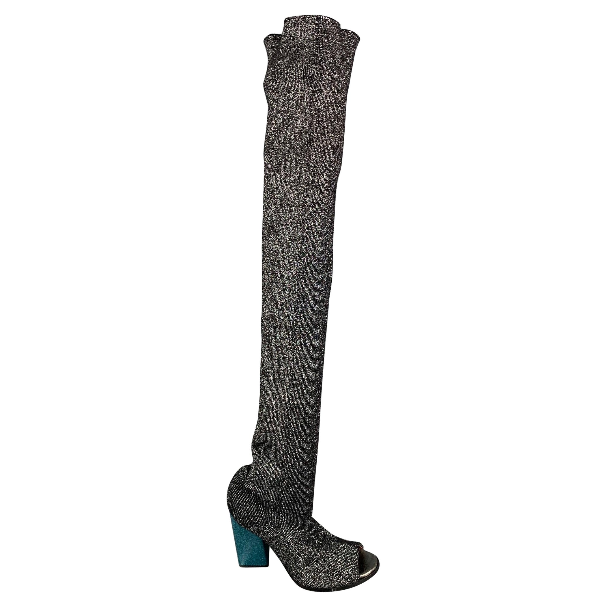 MISSONI Size 7 Black Silver Lurex Knit Contrast Heel Boots
