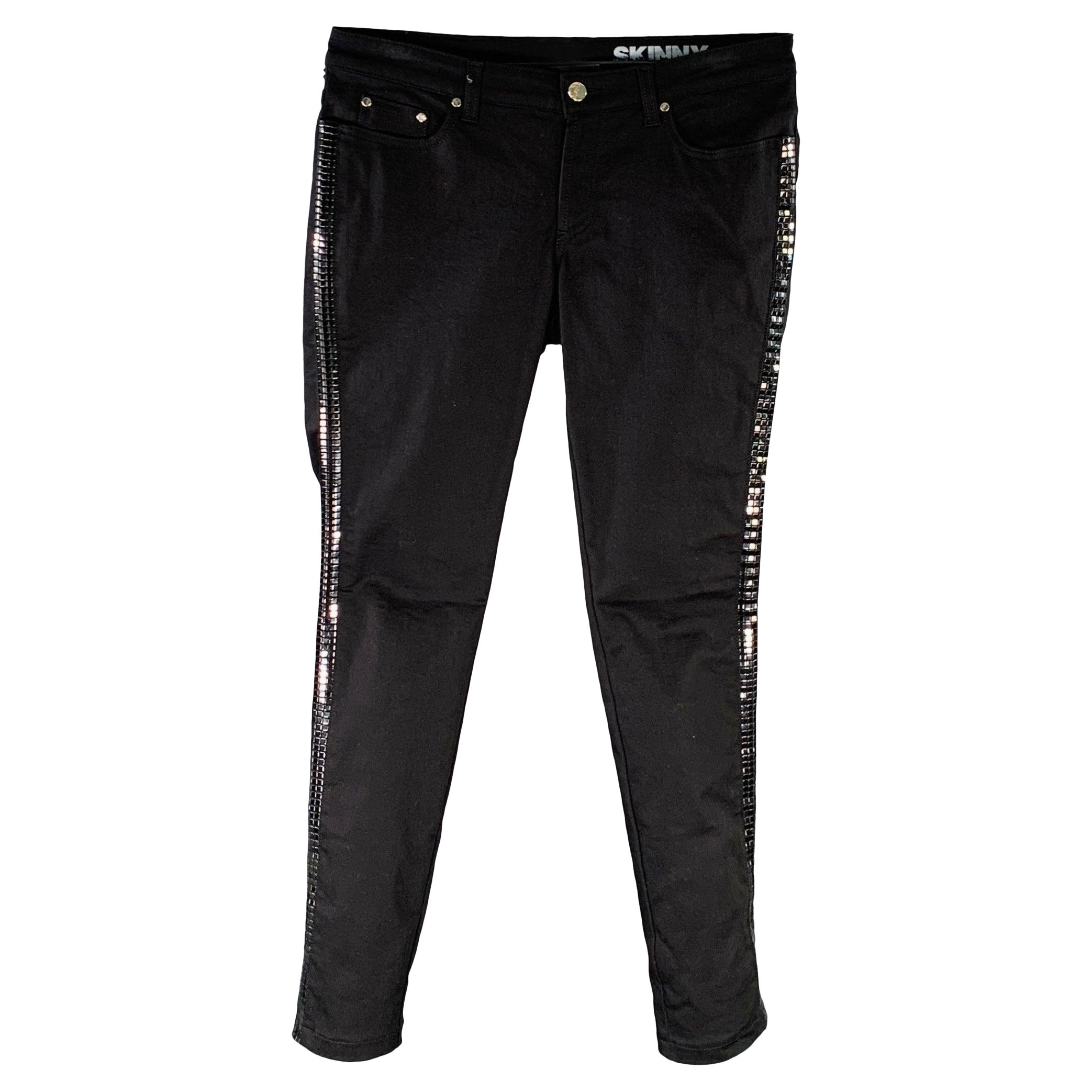 VERSACE COLLECTION Size 30 Donna Black Cotton Blend Studded Skinny Jeans For Sale
