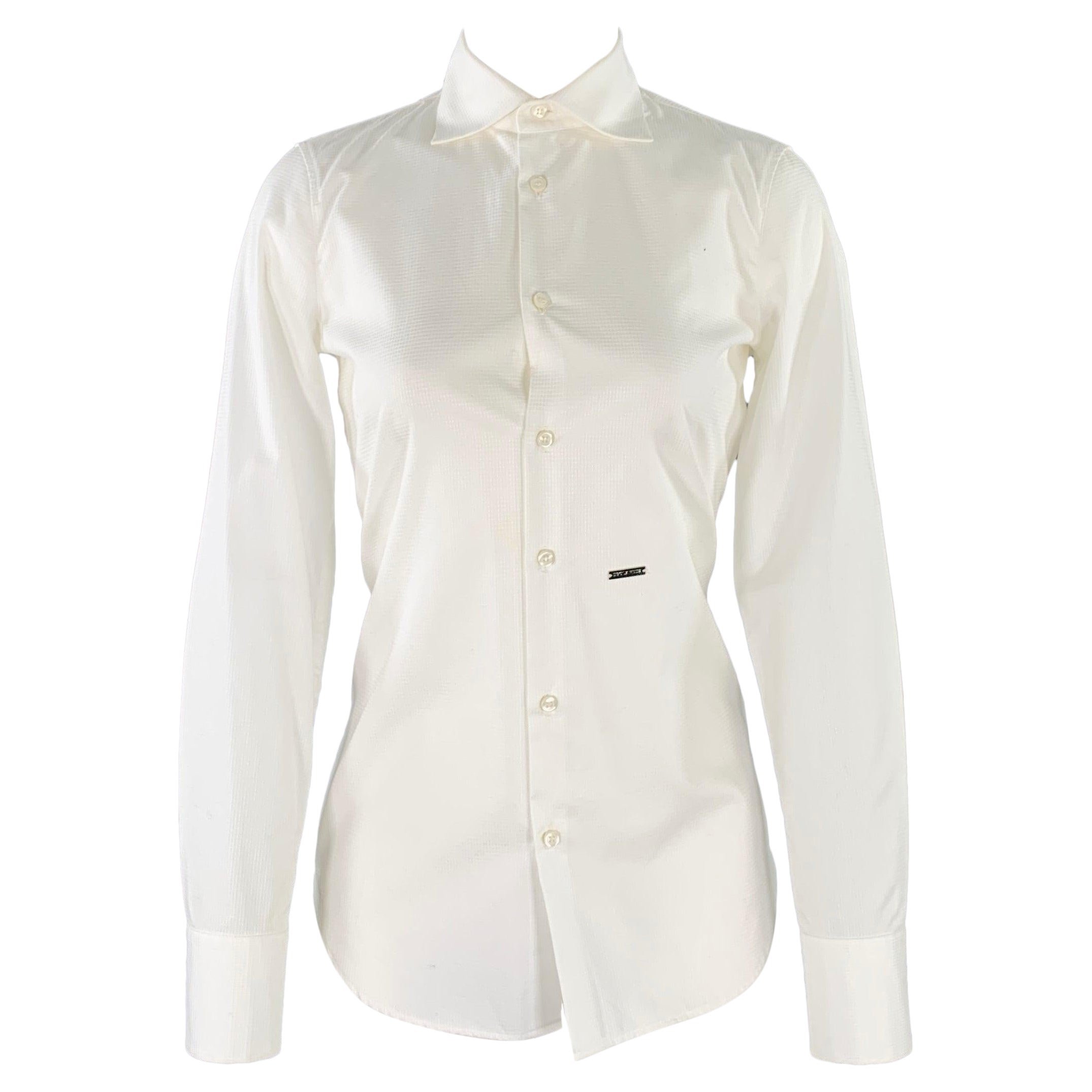 DSQUARED2 Size S White Cotton Textured Spread Collar Shirt For Sale