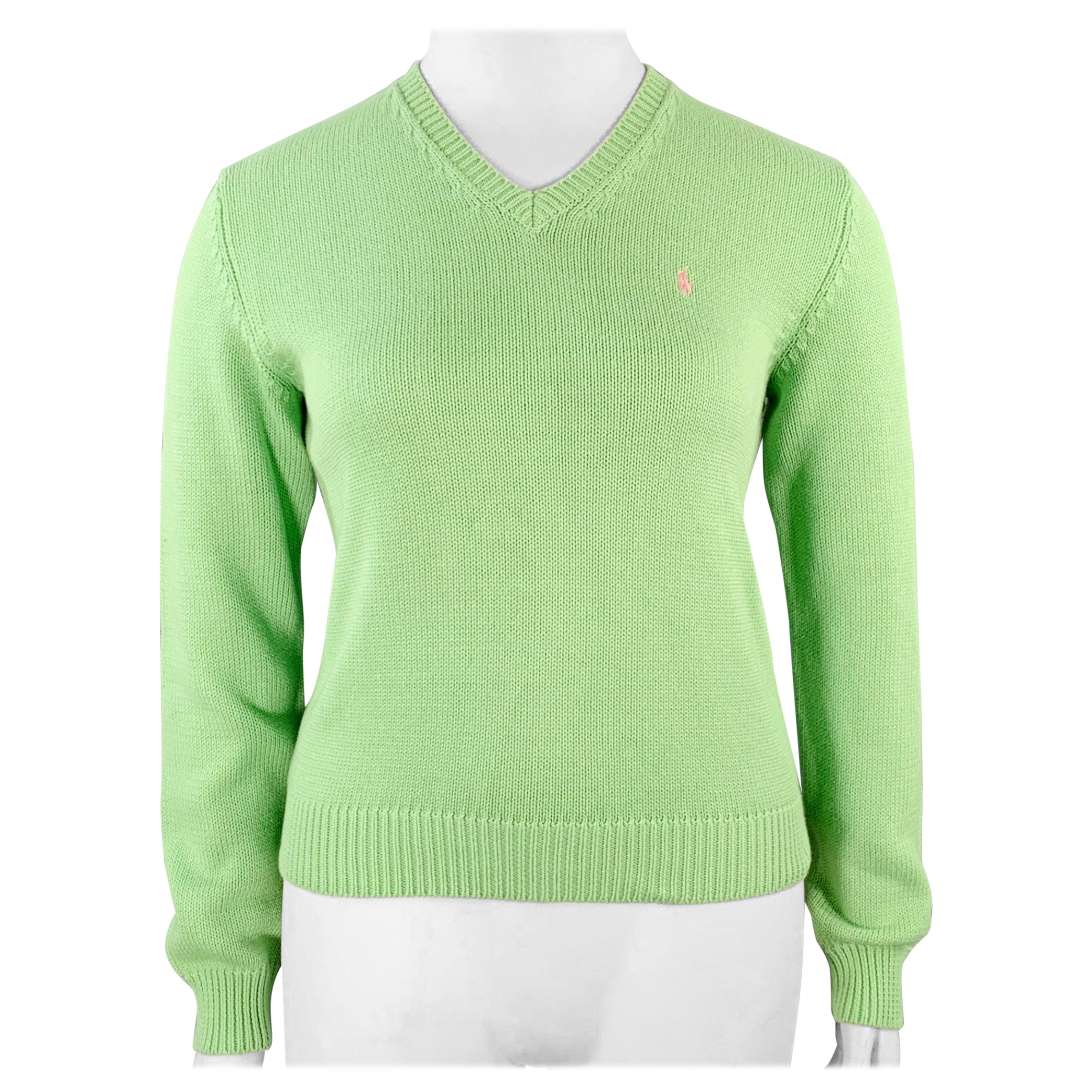 RALPH LAUREN Size L Green Cotton Knit V-Neck Sweater