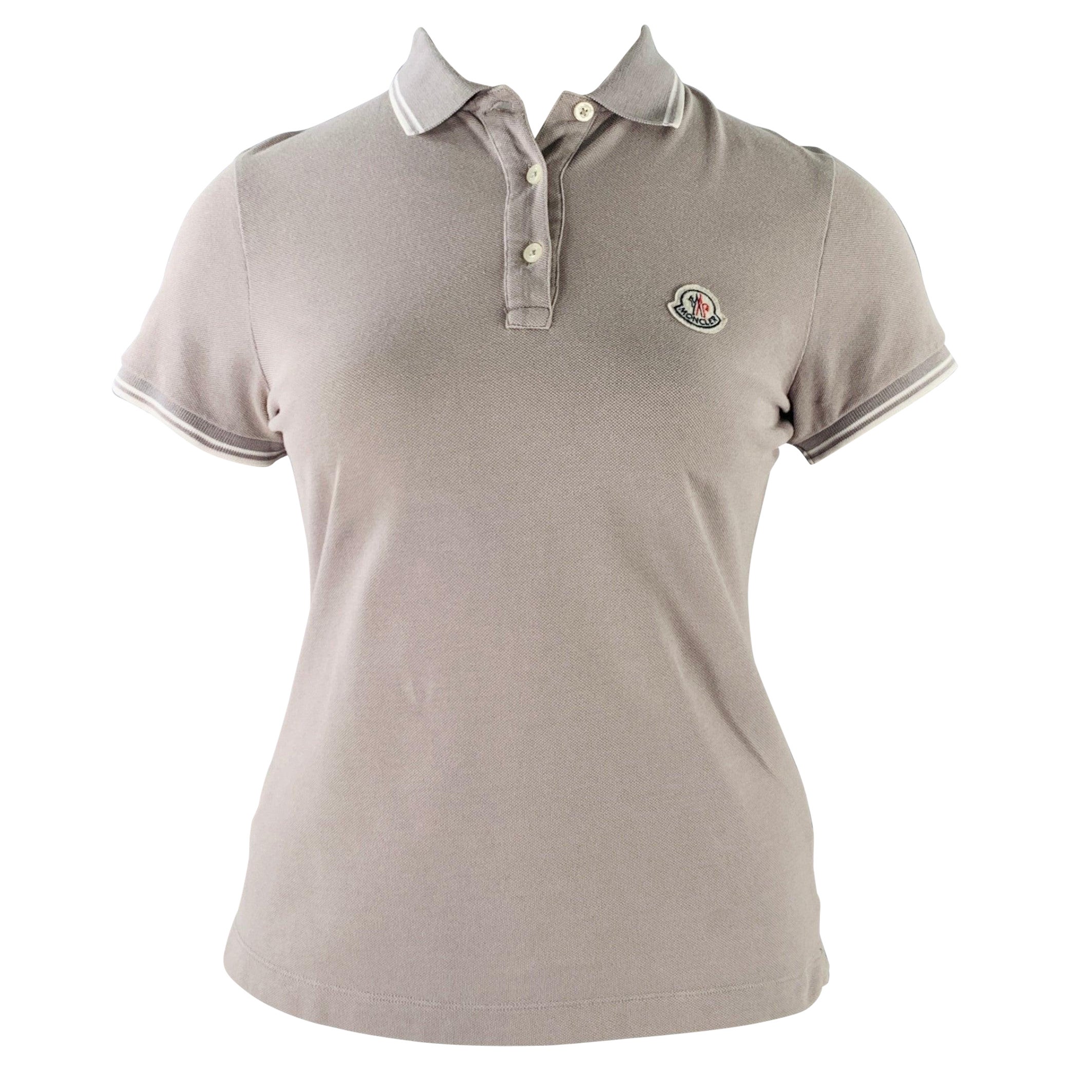 MONCLER Size L Grey White Cotton Logo Polo Casual Top For Sale