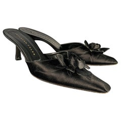Richard Tyler Size 9.5 Black Satin Floral Kitten Heel Mule Sandals