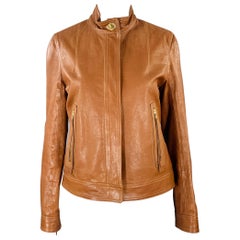 COACH Size 8 Brown Gold Leather Zip Pockets Jacket
