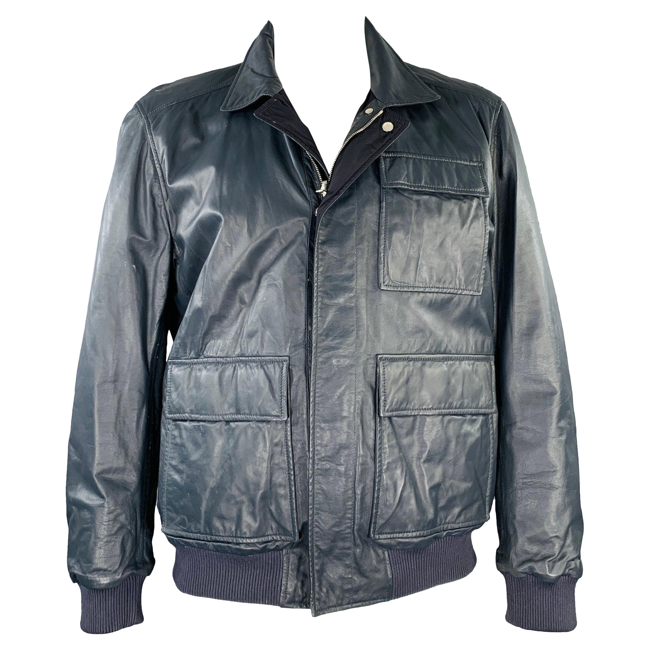 PORSCHE DESIGN Size L Grey Charcoal Leather Reversible Jacket For Sale