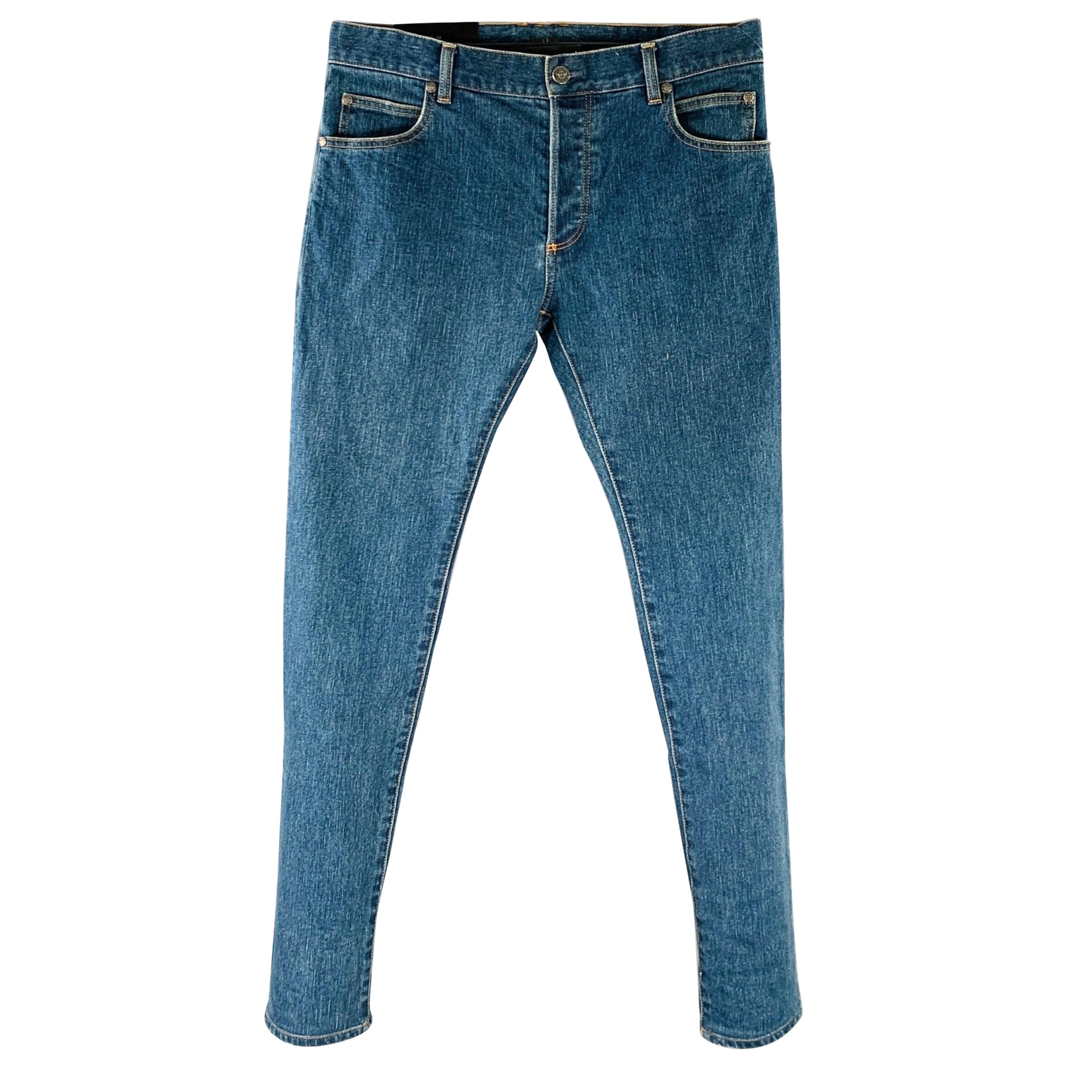 BALMAIN Size 32 Blue Contrast Stitch Cotton Blend Skinny Button Fly Jeans For Sale